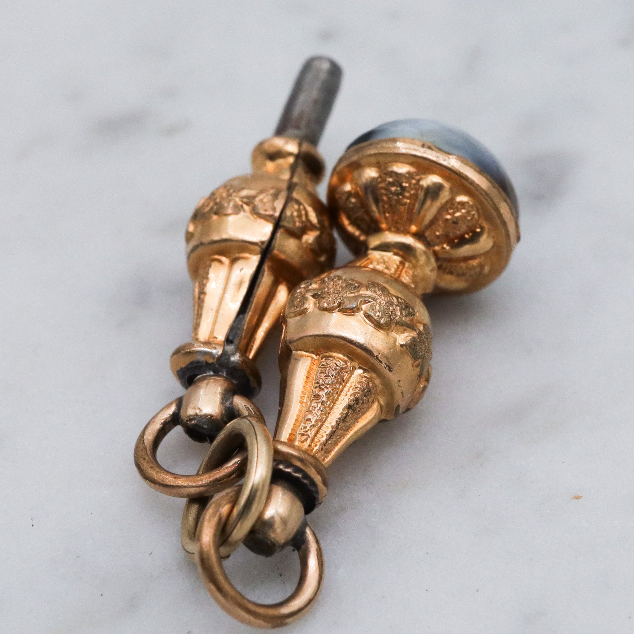 Antique Victorian gold filled watch key & slag glass fob