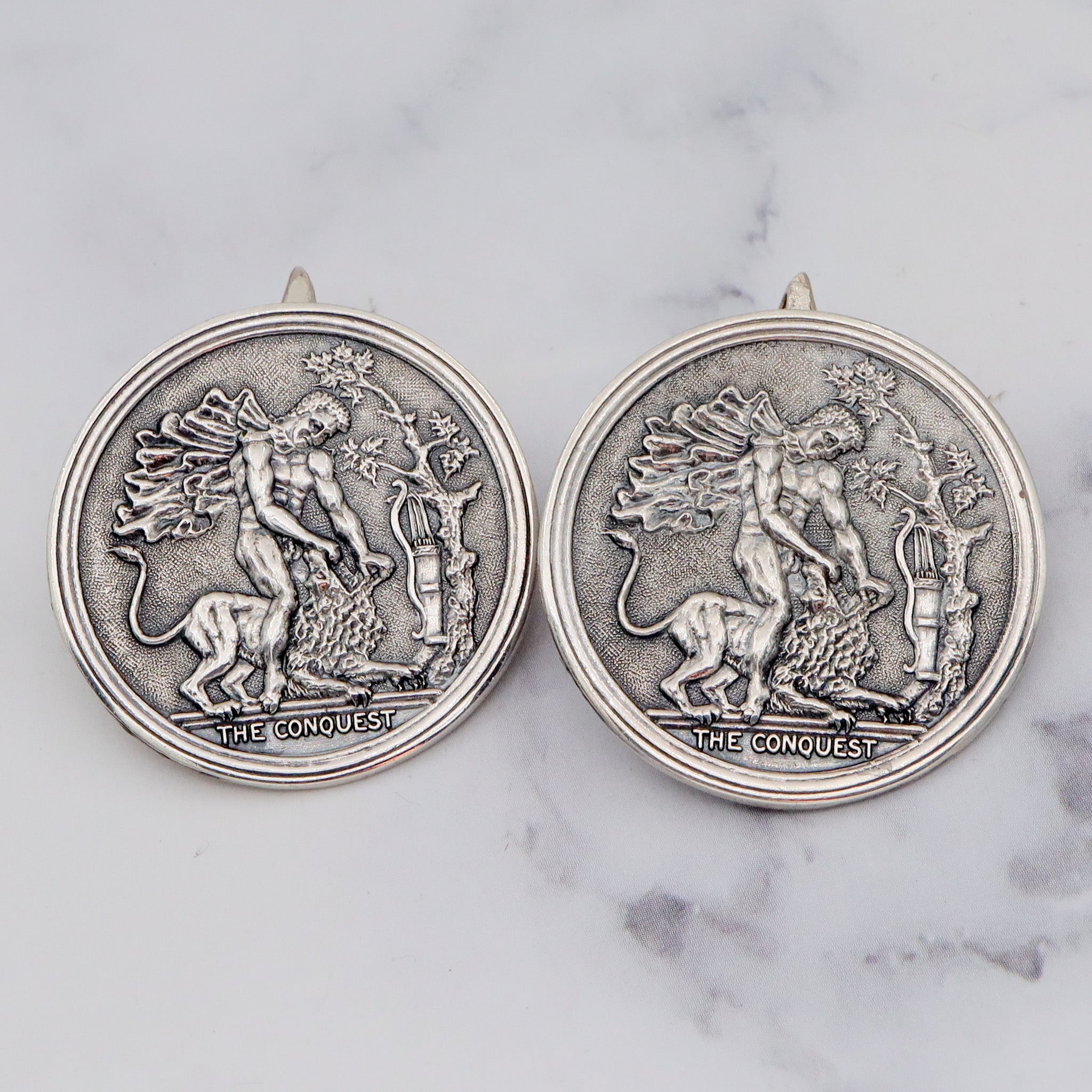 Vintage sterling “The Conquest” Assyrian lion hunting medallion cufflinks