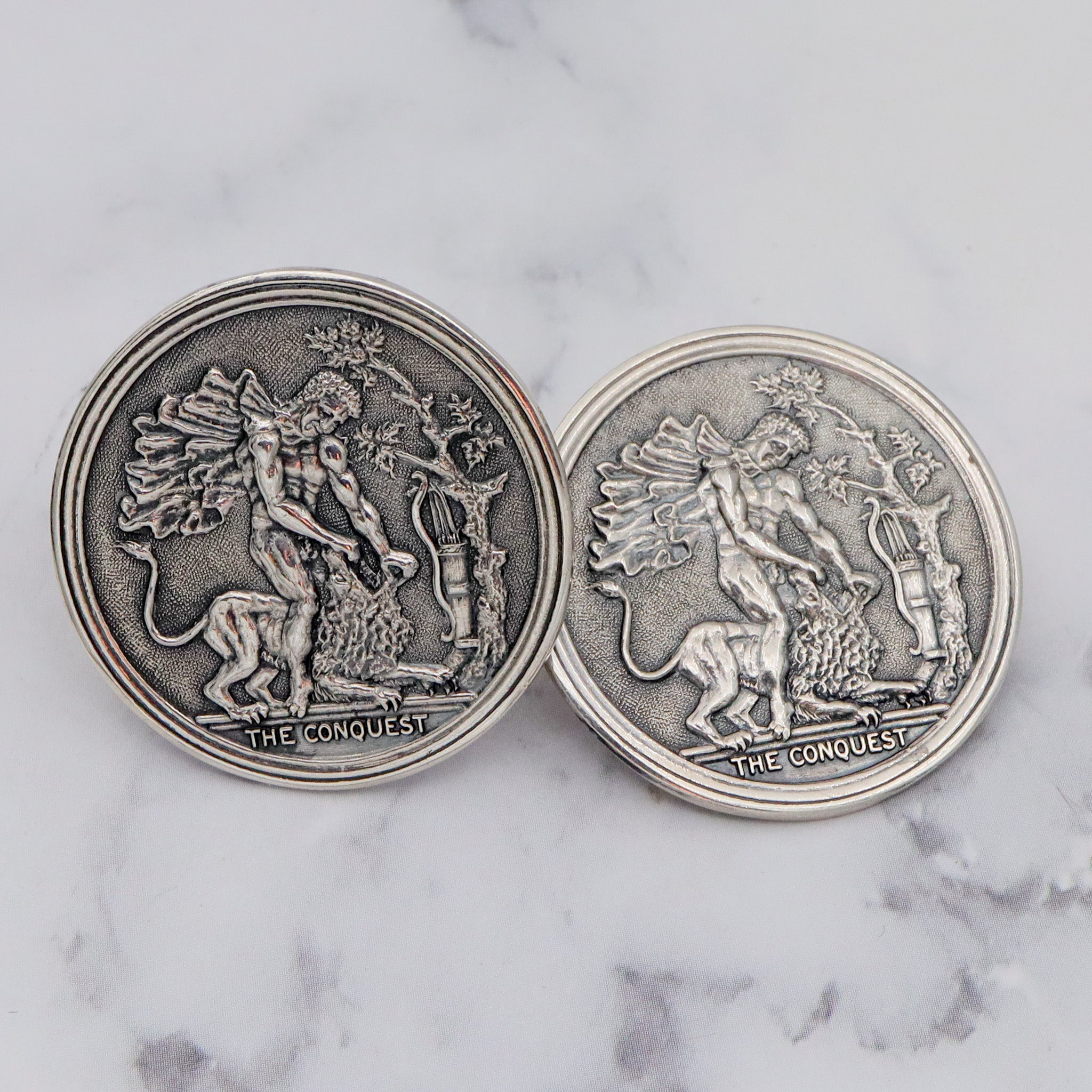 Vintage sterling “The Conquest” Assyrian lion hunting medallion cufflinks