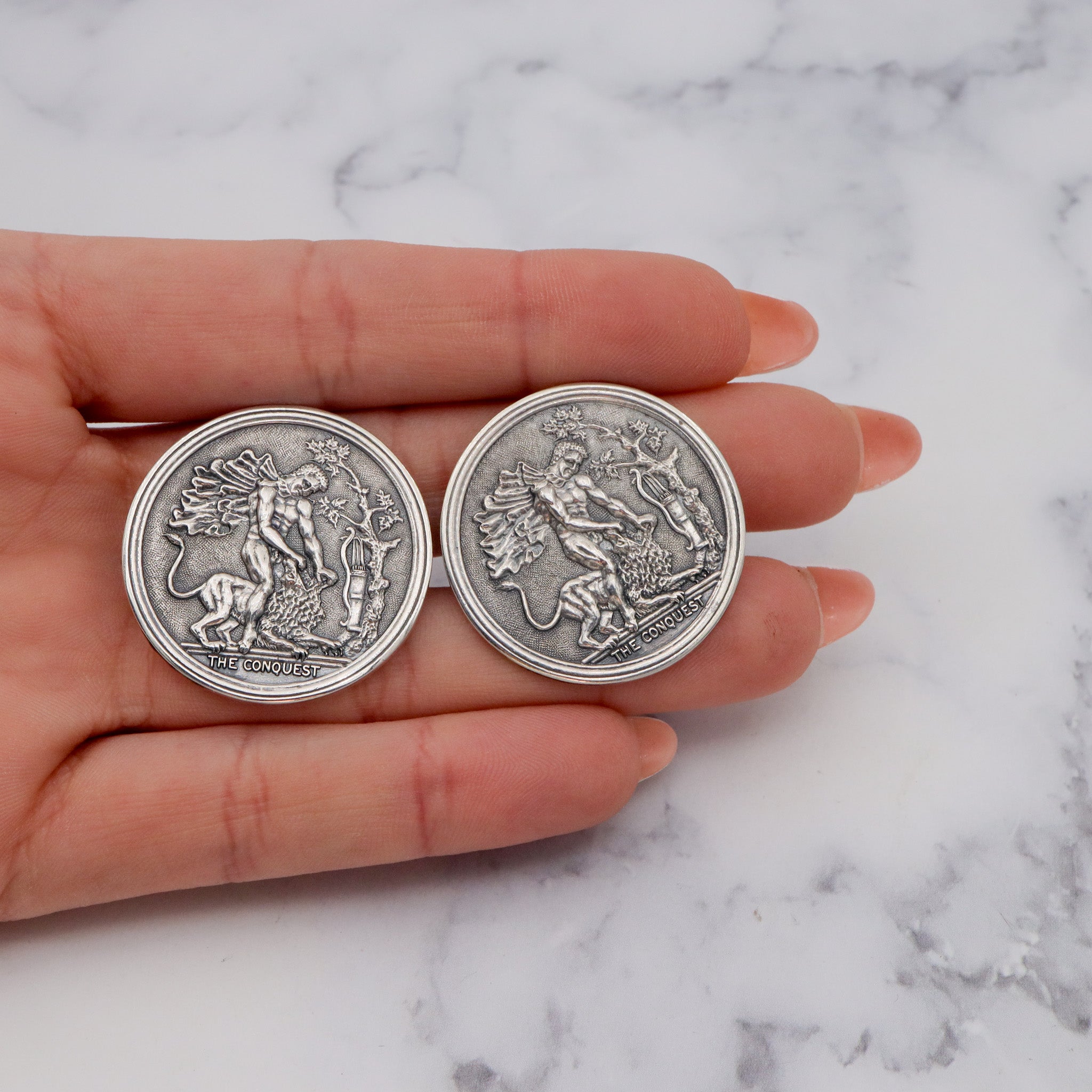 Vintage sterling “The Conquest” Assyrian lion hunting medallion cufflinks