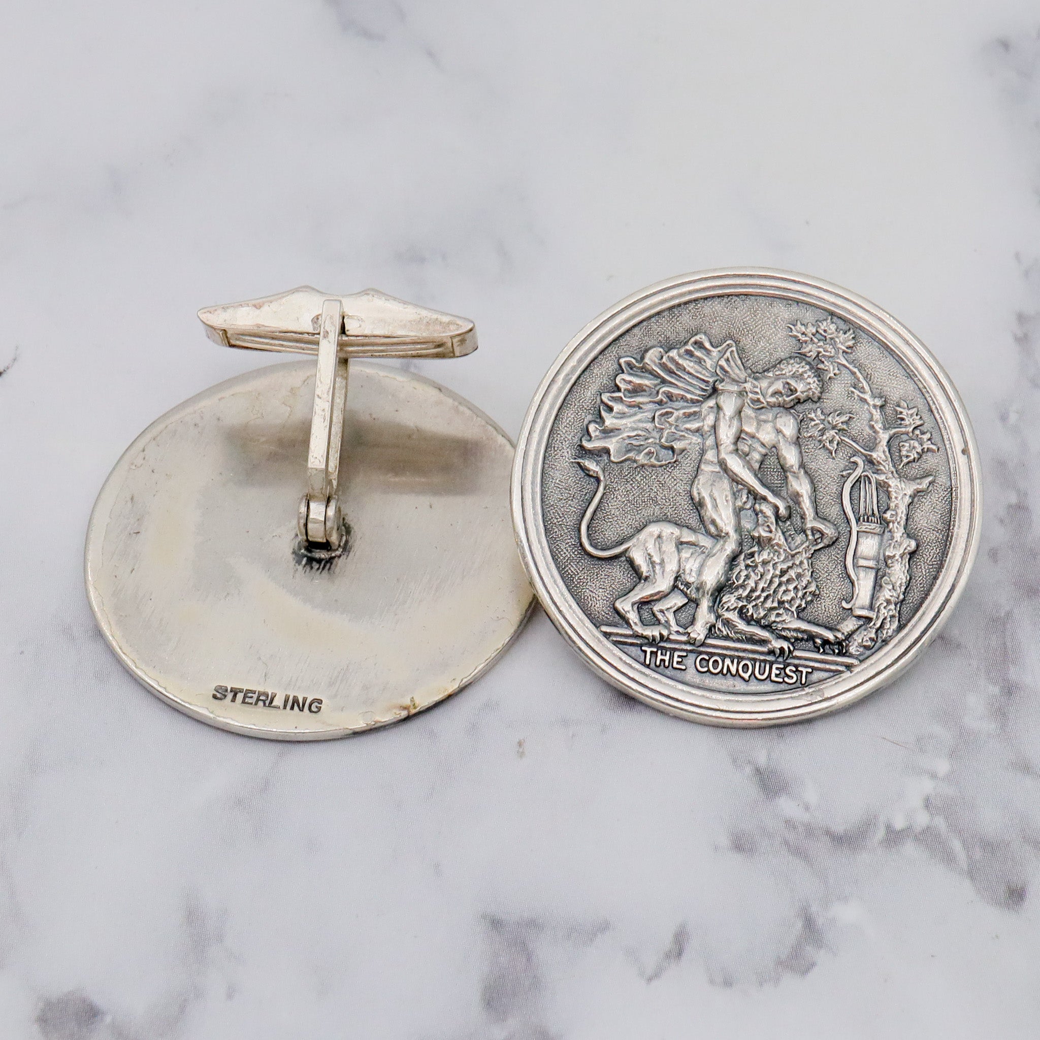 Vintage sterling “The Conquest” Assyrian lion hunting medallion cufflinks