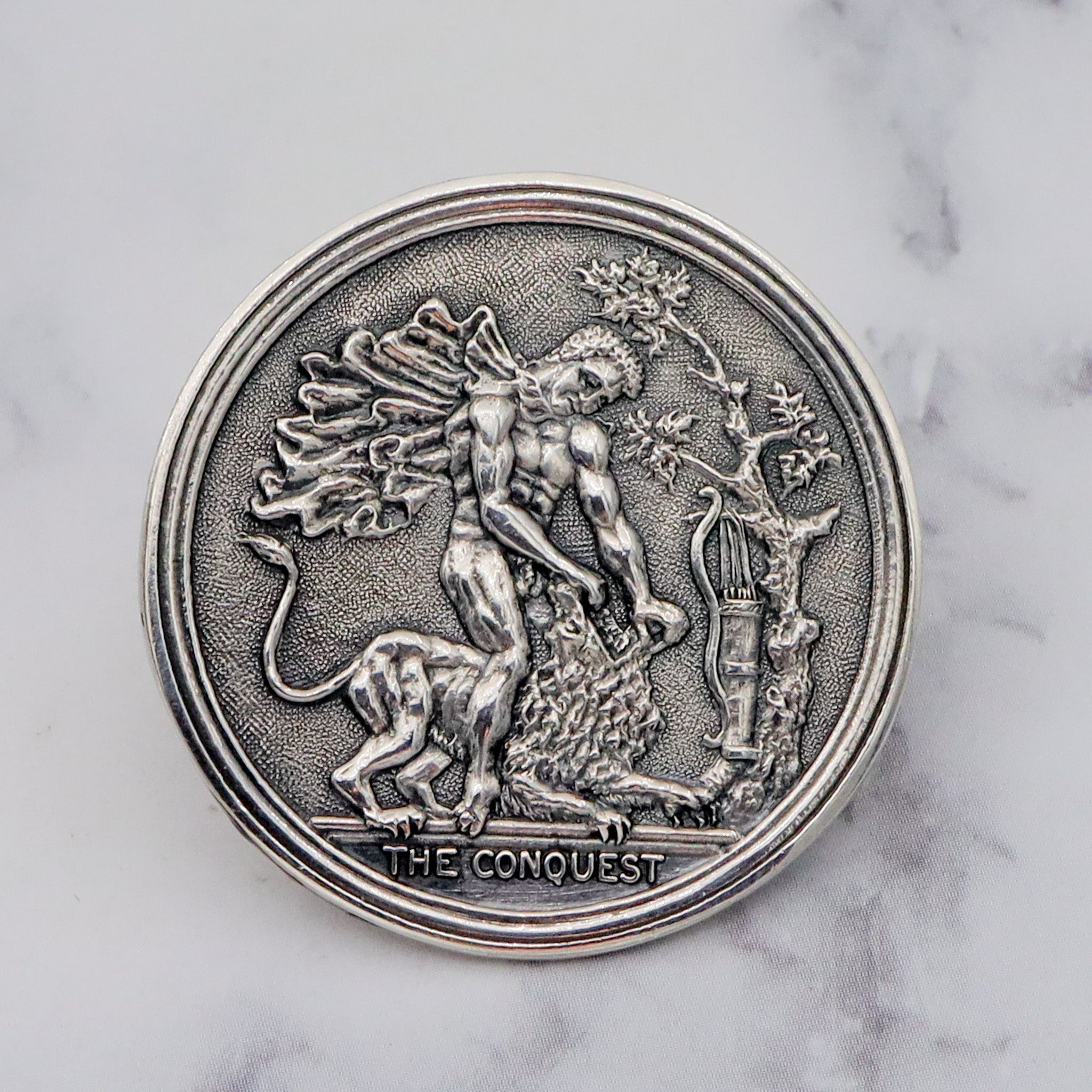 Vintage sterling “The Conquest” Assyrian lion hunting medallion cufflinks