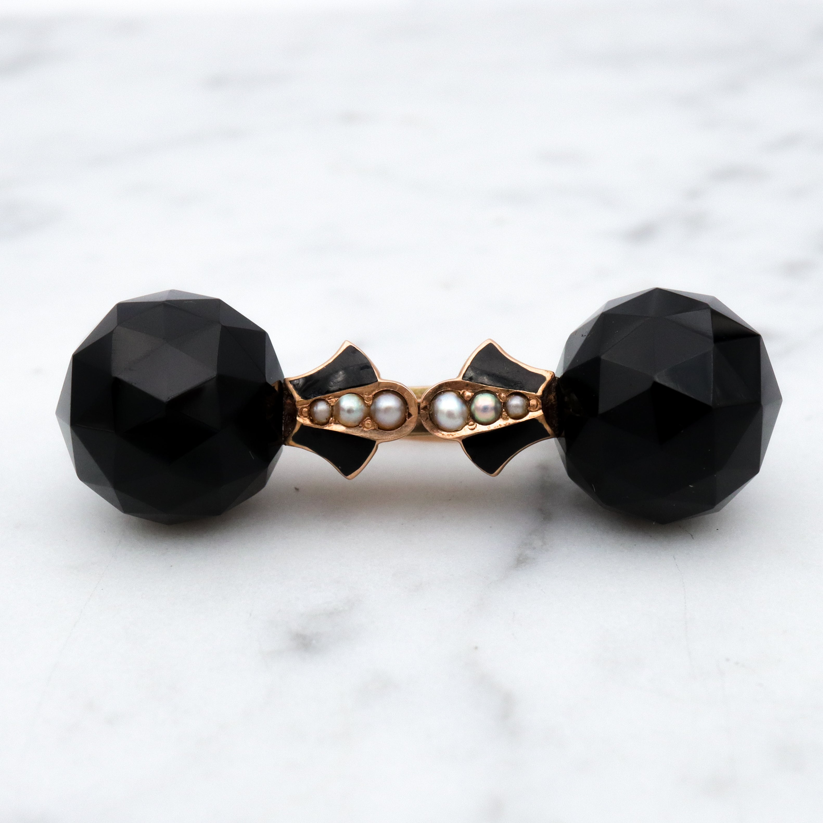 Antique Victorian 10k gold faceted jet glass, pearl, & enamel mourning brooch