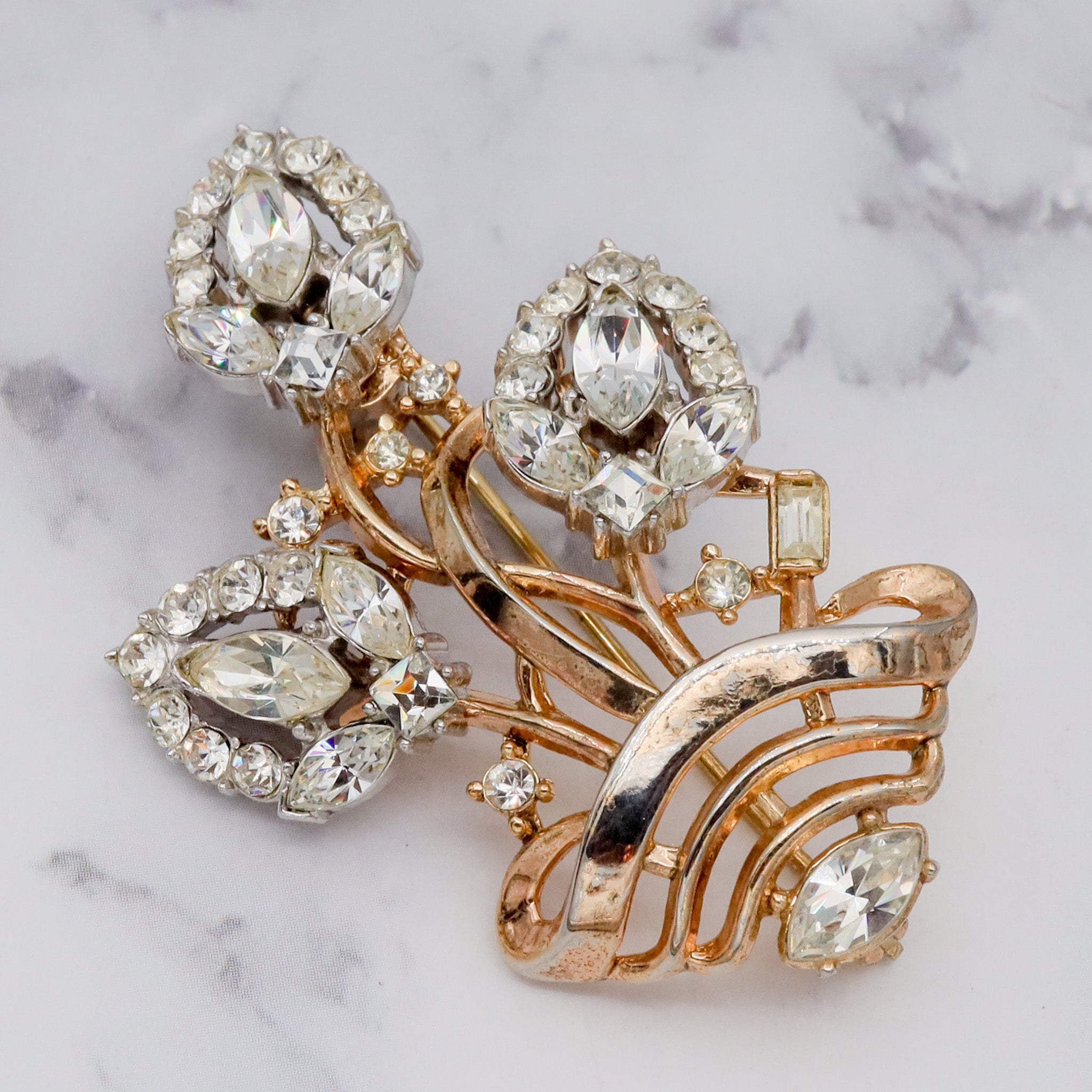 Antique Art Deco Alfred Phillipe Trifari gold-plated & rhinestone floral bouquet basket brooch