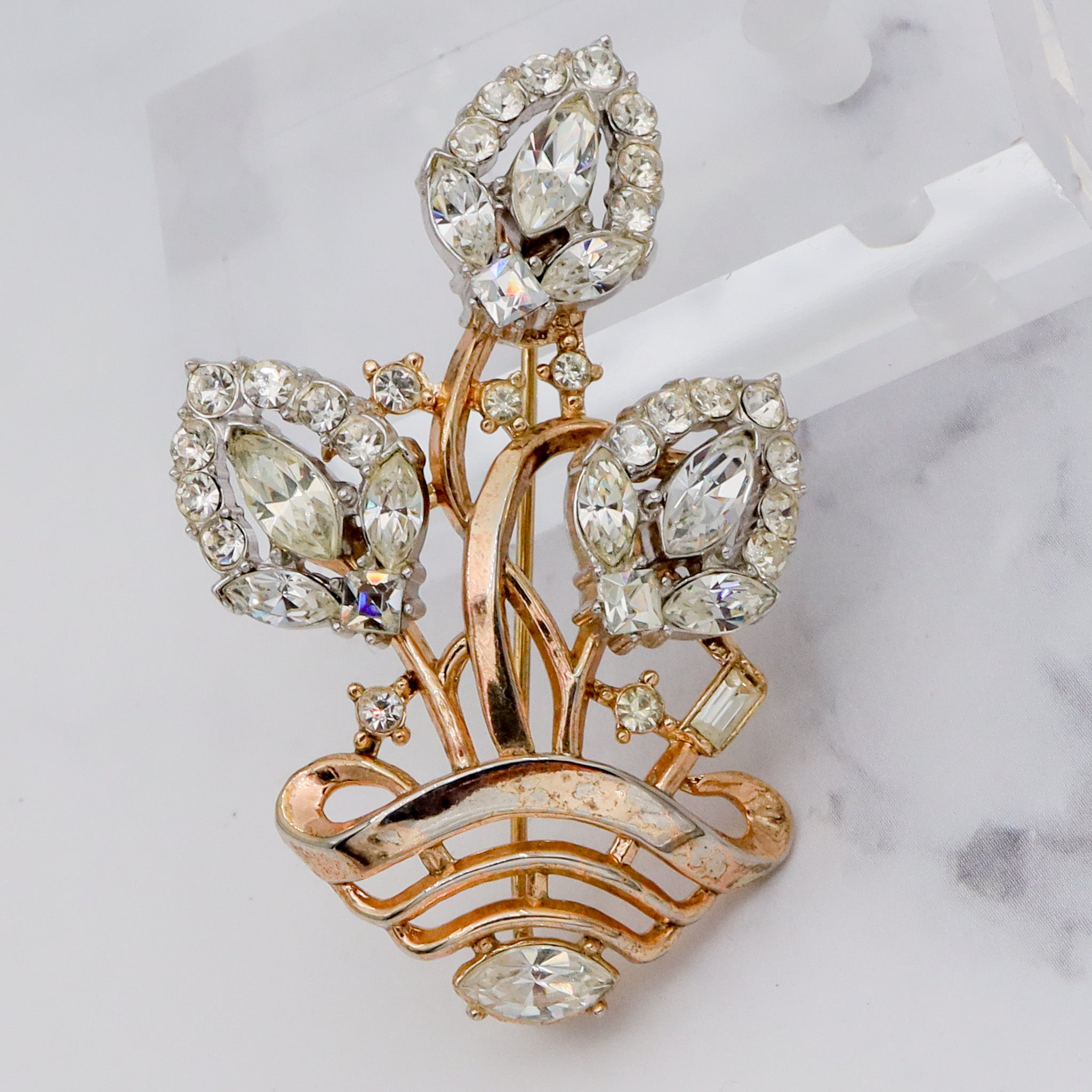 Antique Art Deco Alfred Phillipe Trifari gold-plated & rhinestone floral bouquet basket brooch