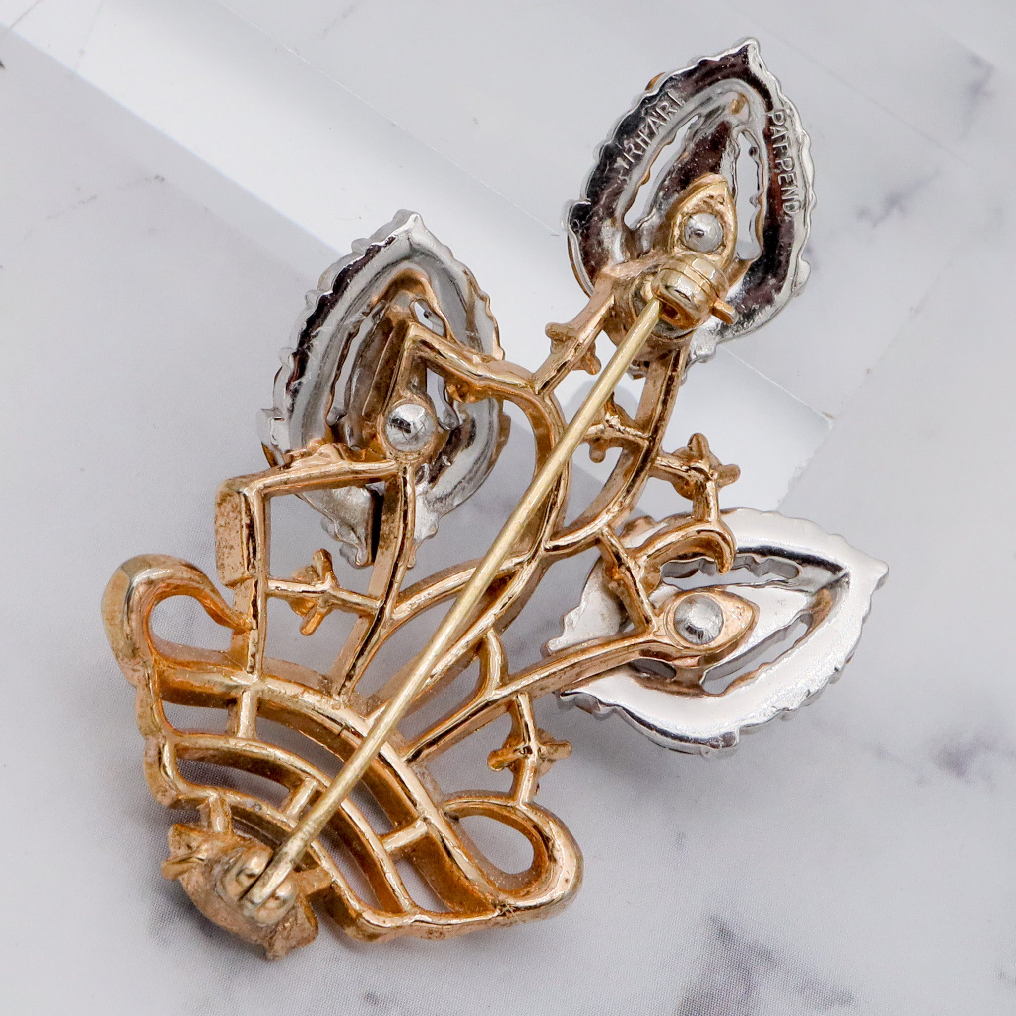 Antique Art Deco Alfred Phillipe Trifari gold-plated & rhinestone floral bouquet basket brooch