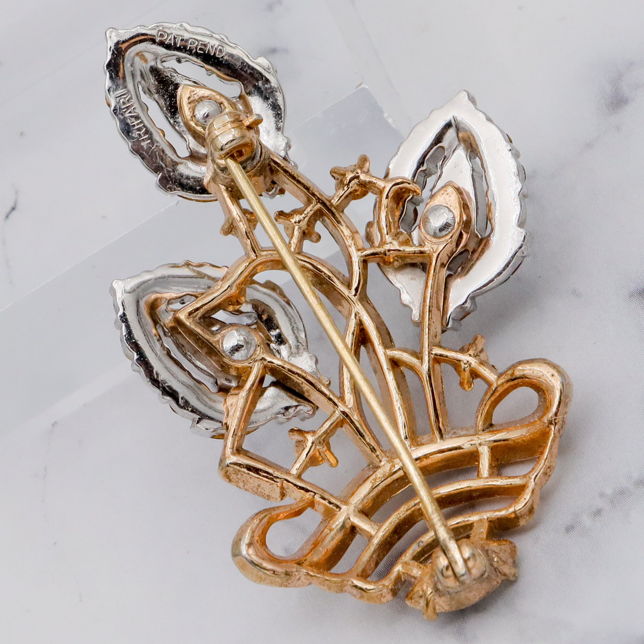 Antique Art Deco Alfred Phillipe Trifari gold-plated & rhinestone floral bouquet basket brooch