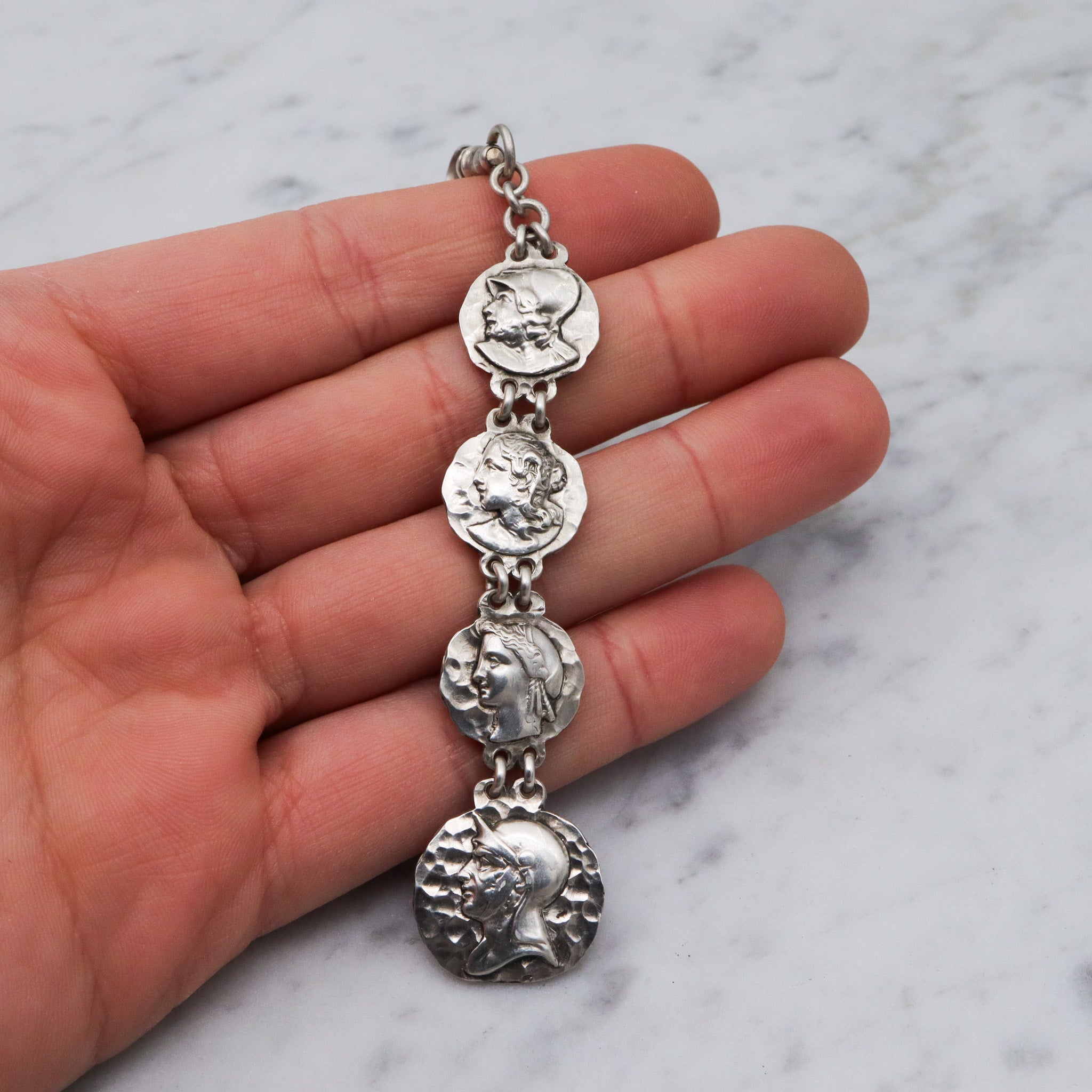 Antique Victorian sterling silver Greek coin style drop fob in the style of George Shiebler