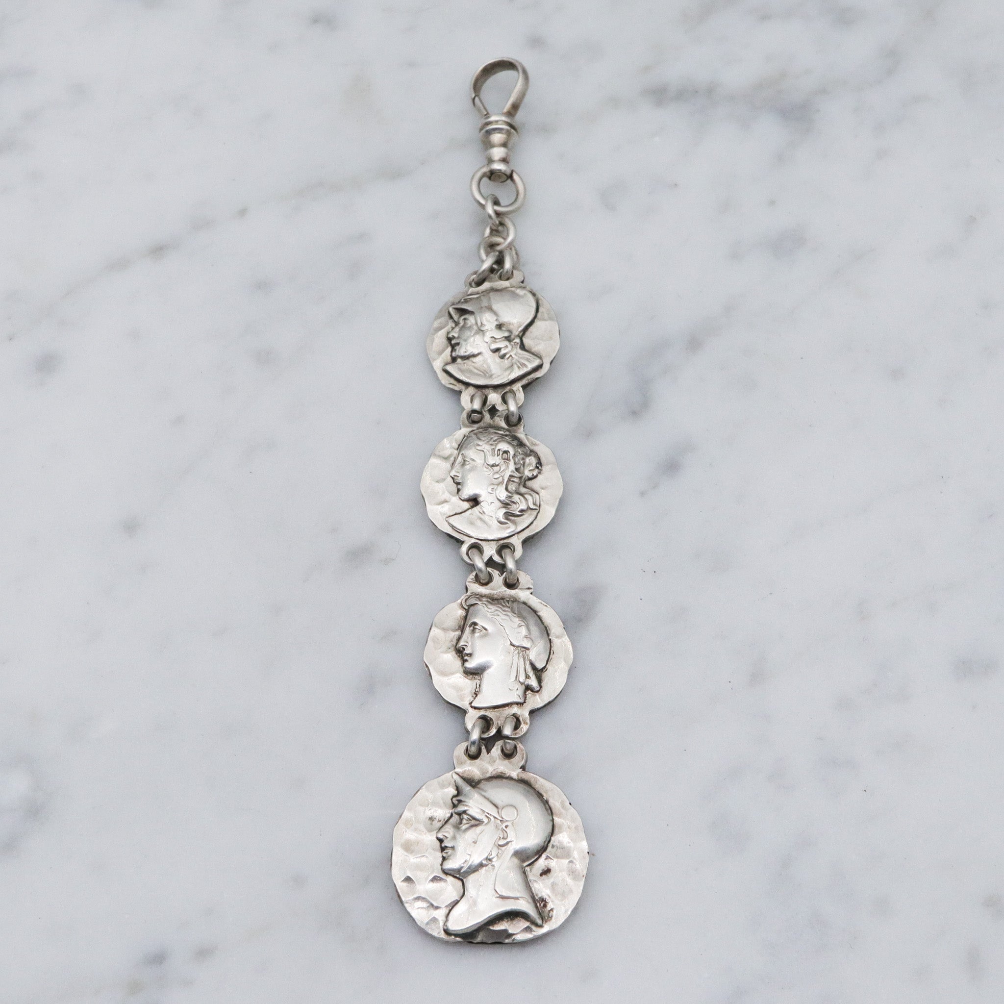 Antique Victorian sterling silver Greek coin style drop fob in the style of George Shiebler
