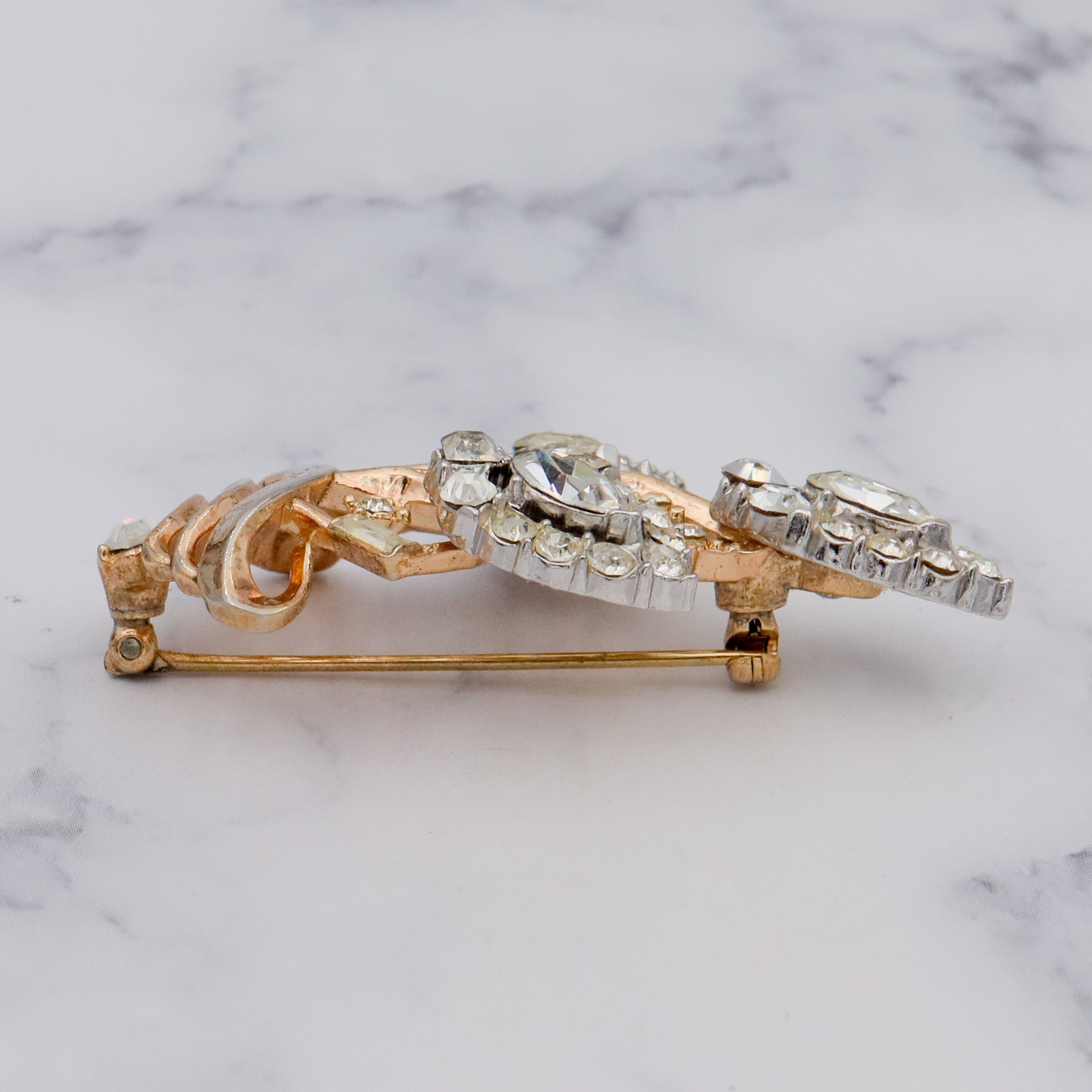 Antique Art Deco Alfred Phillipe Trifari gold-plated & rhinestone floral bouquet basket brooch