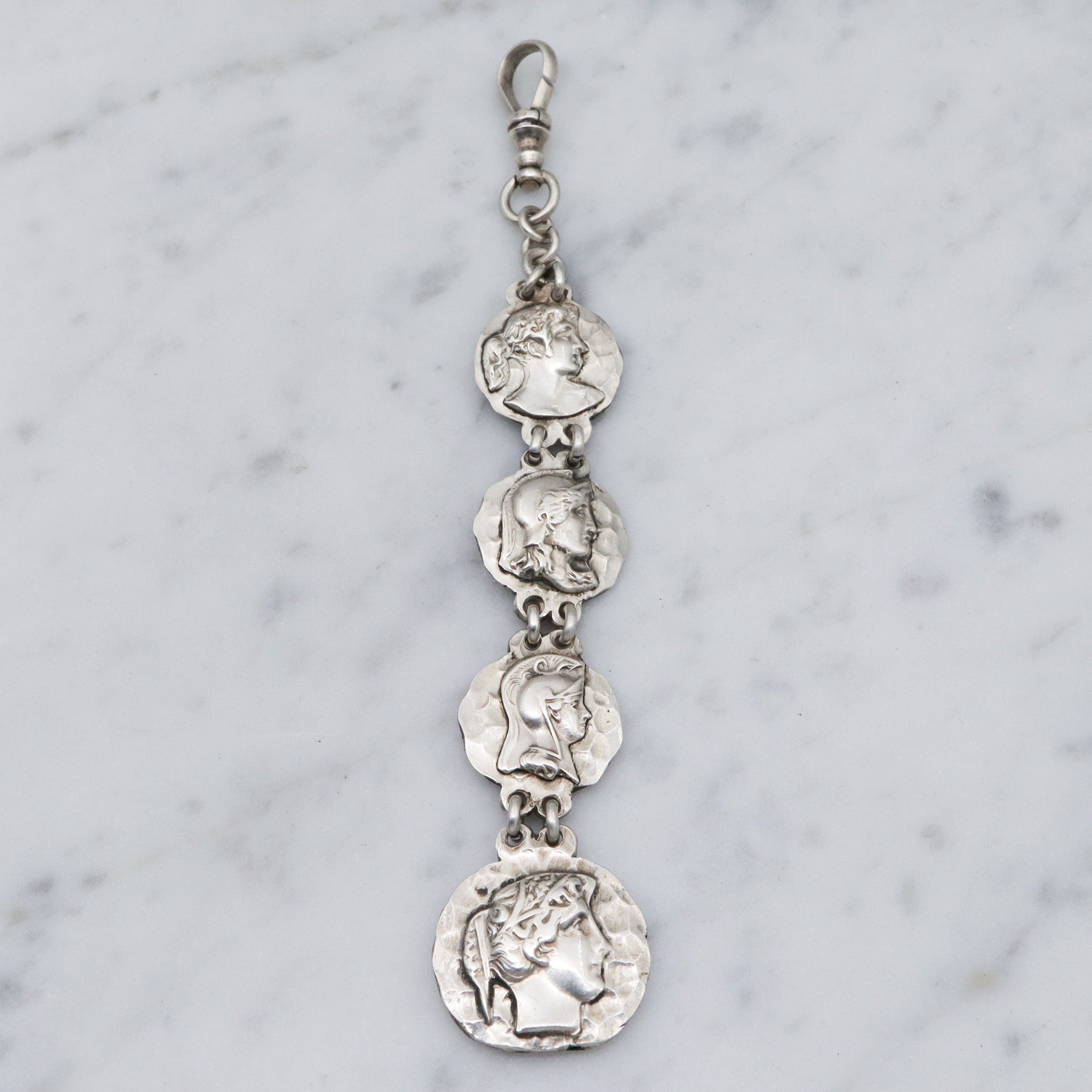 Antique Victorian sterling silver Greek coin style drop fob in the style of George Shiebler