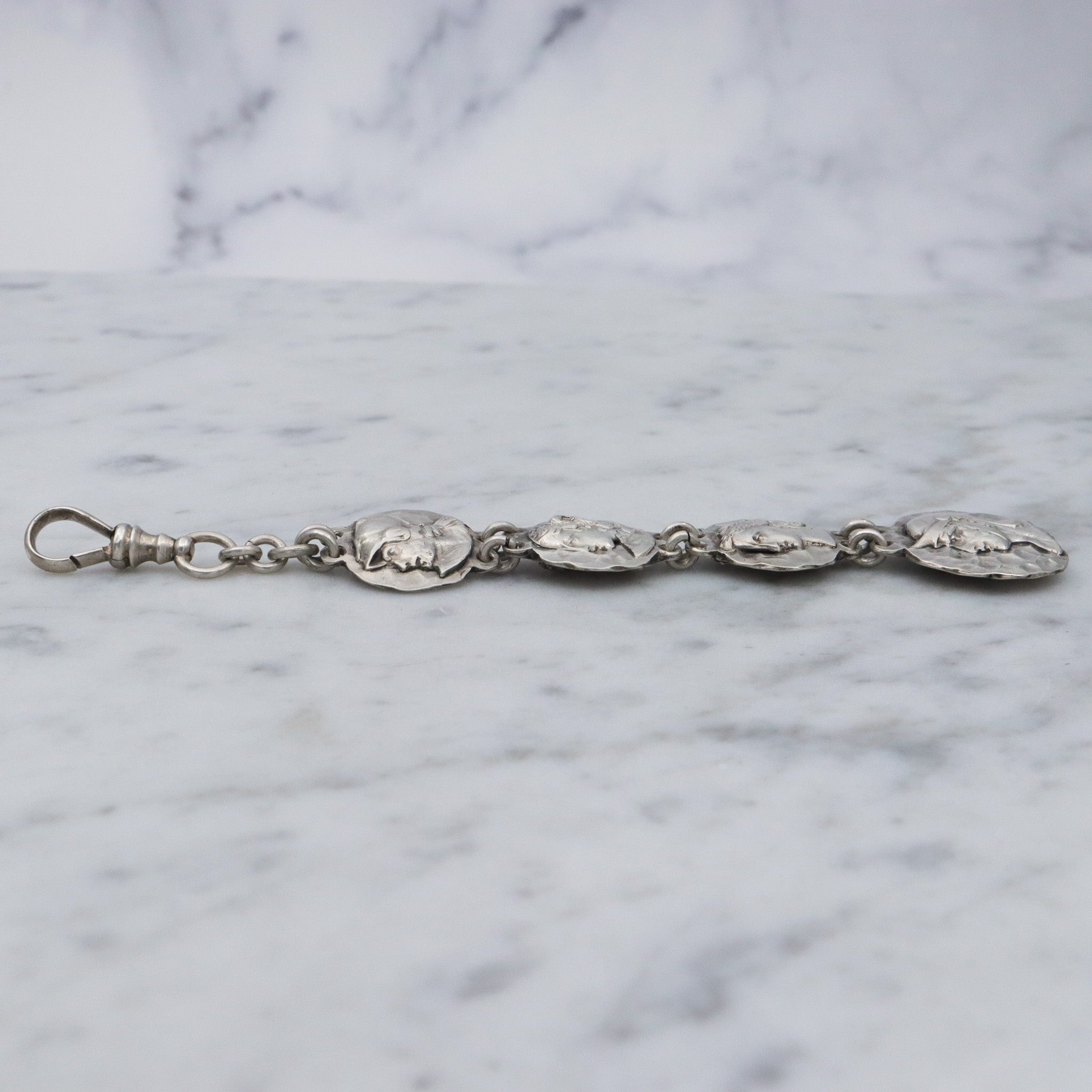 Antique Victorian sterling silver Greek coin style drop fob in the style of George Shiebler
