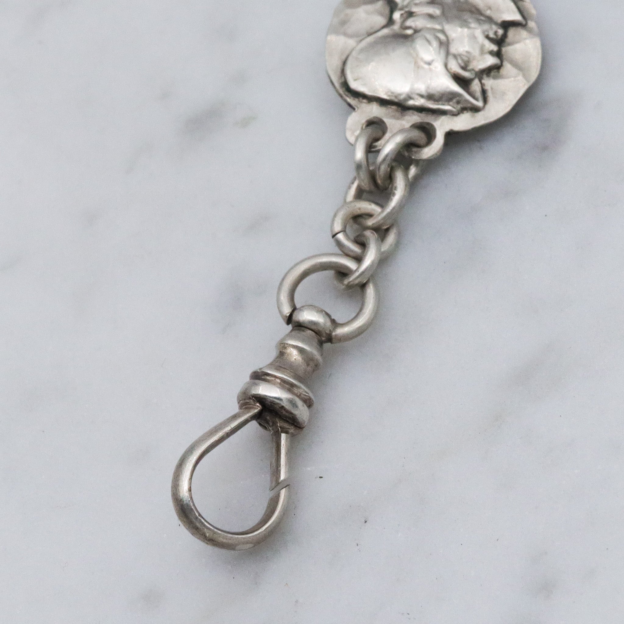 Antique Victorian sterling silver Greek coin style drop fob in the style of George Shiebler