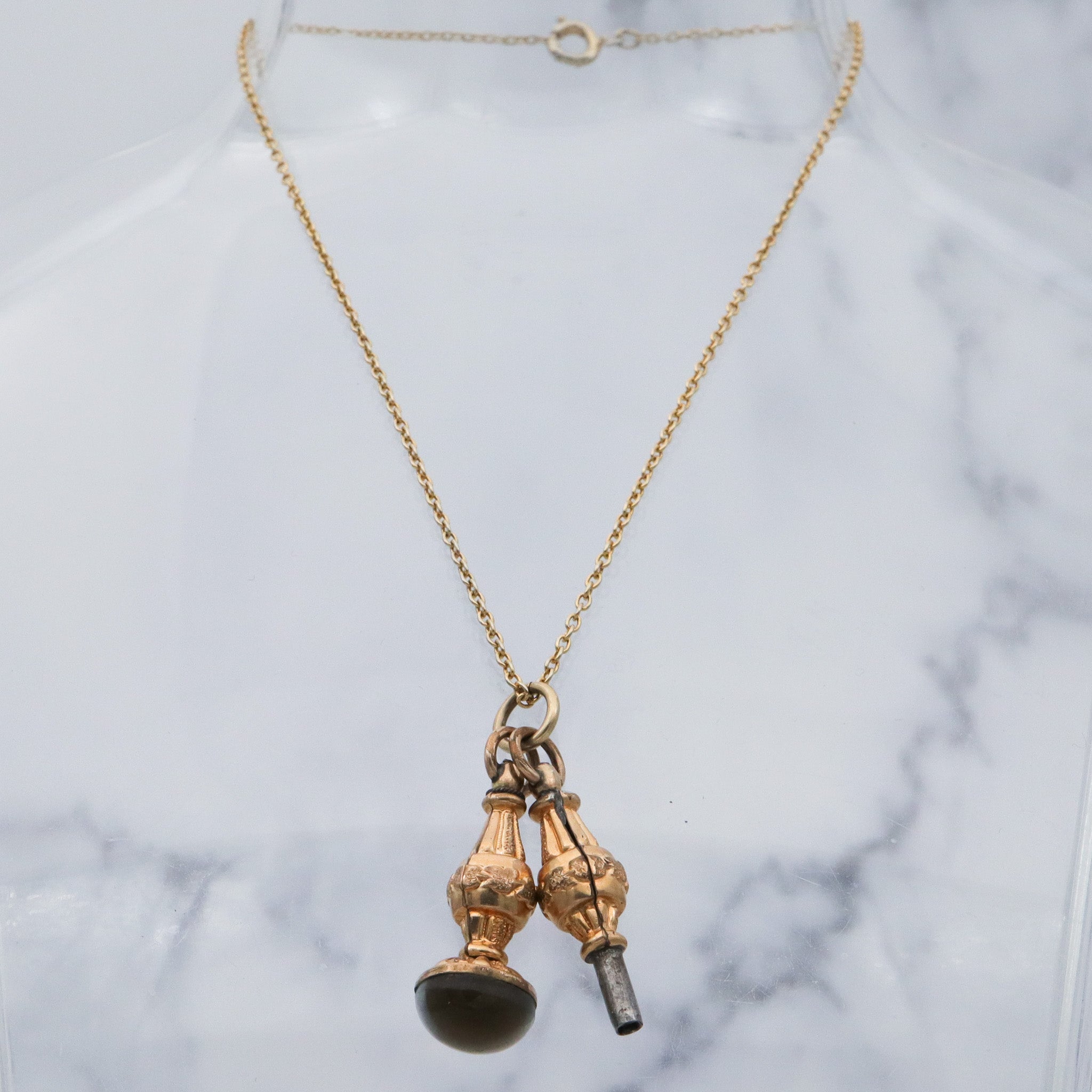 Antique Victorian gold filled watch key & slag glass fob