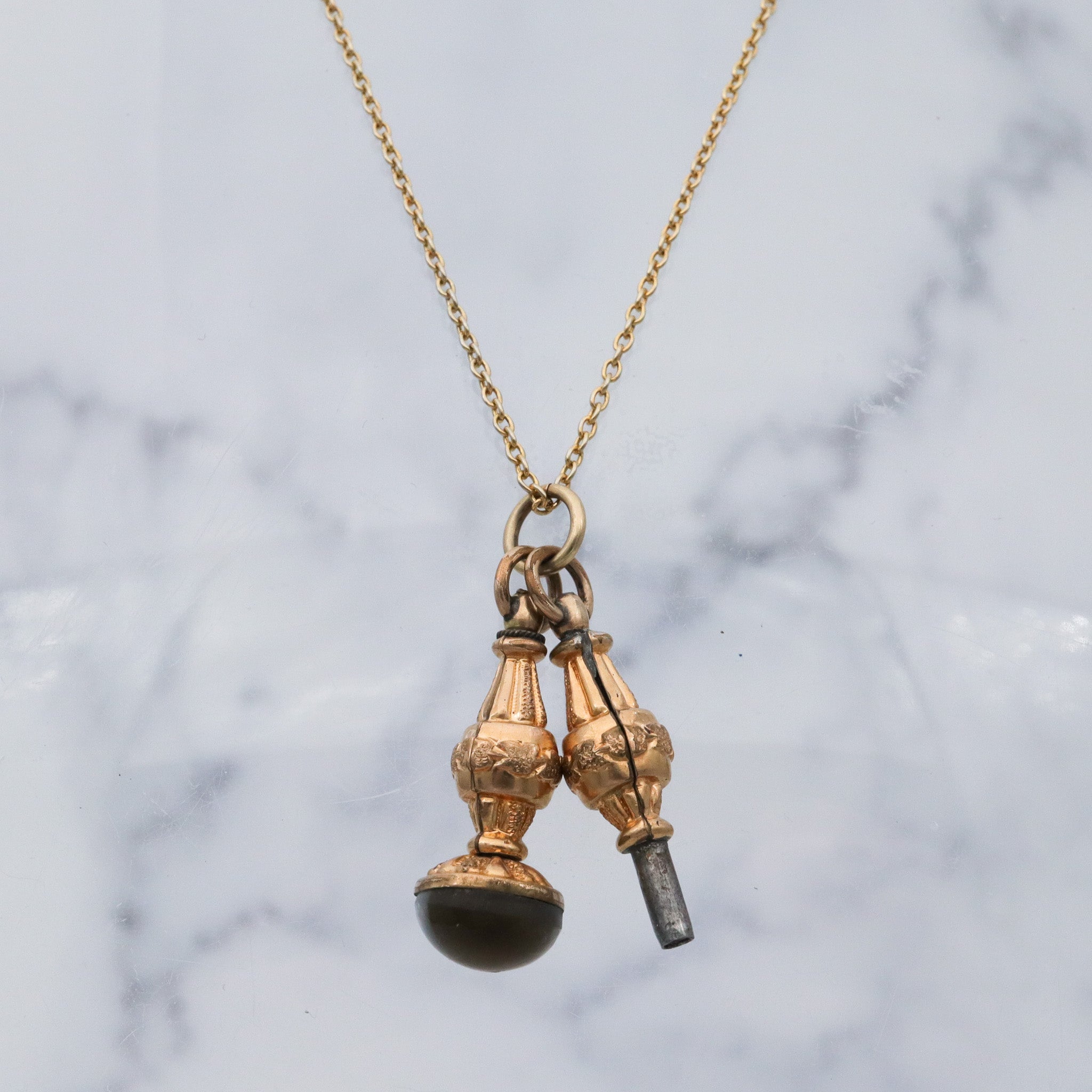 Antique Victorian gold filled watch key & slag glass fob