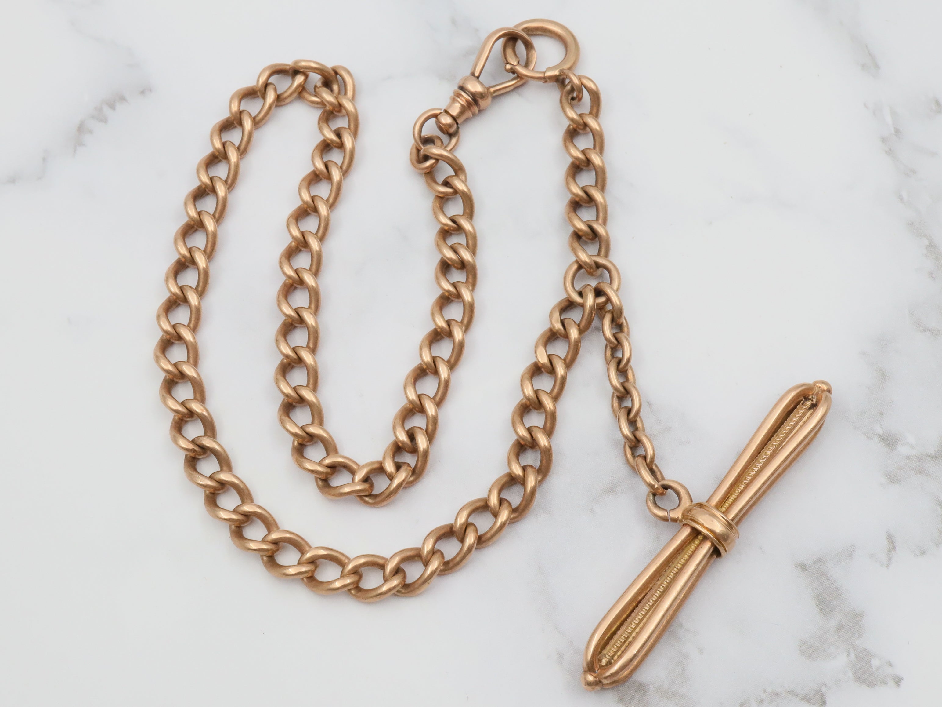 Antique Victorian 14k gold curb link Albert watch chain with fancy T-bar, 13.75