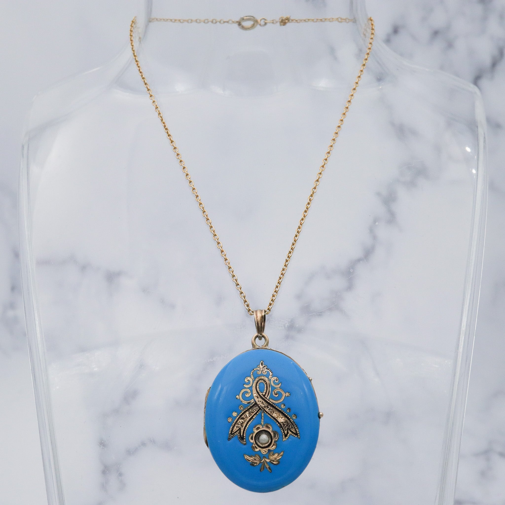 Antique Victorian 14k gold blue & black enamel locket pendant with split pearls