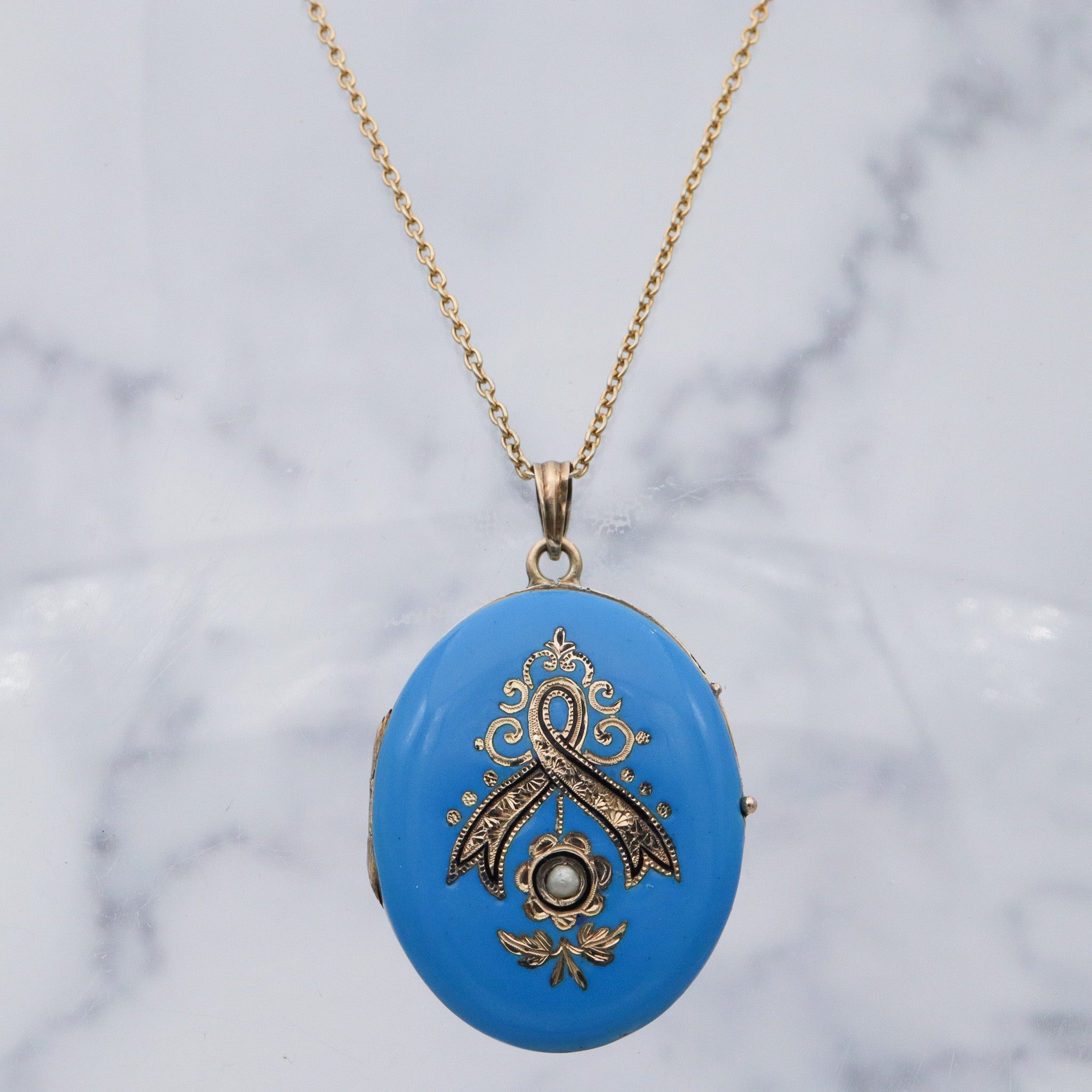 Antique Victorian 14k gold blue & black enamel locket pendant with split pearls