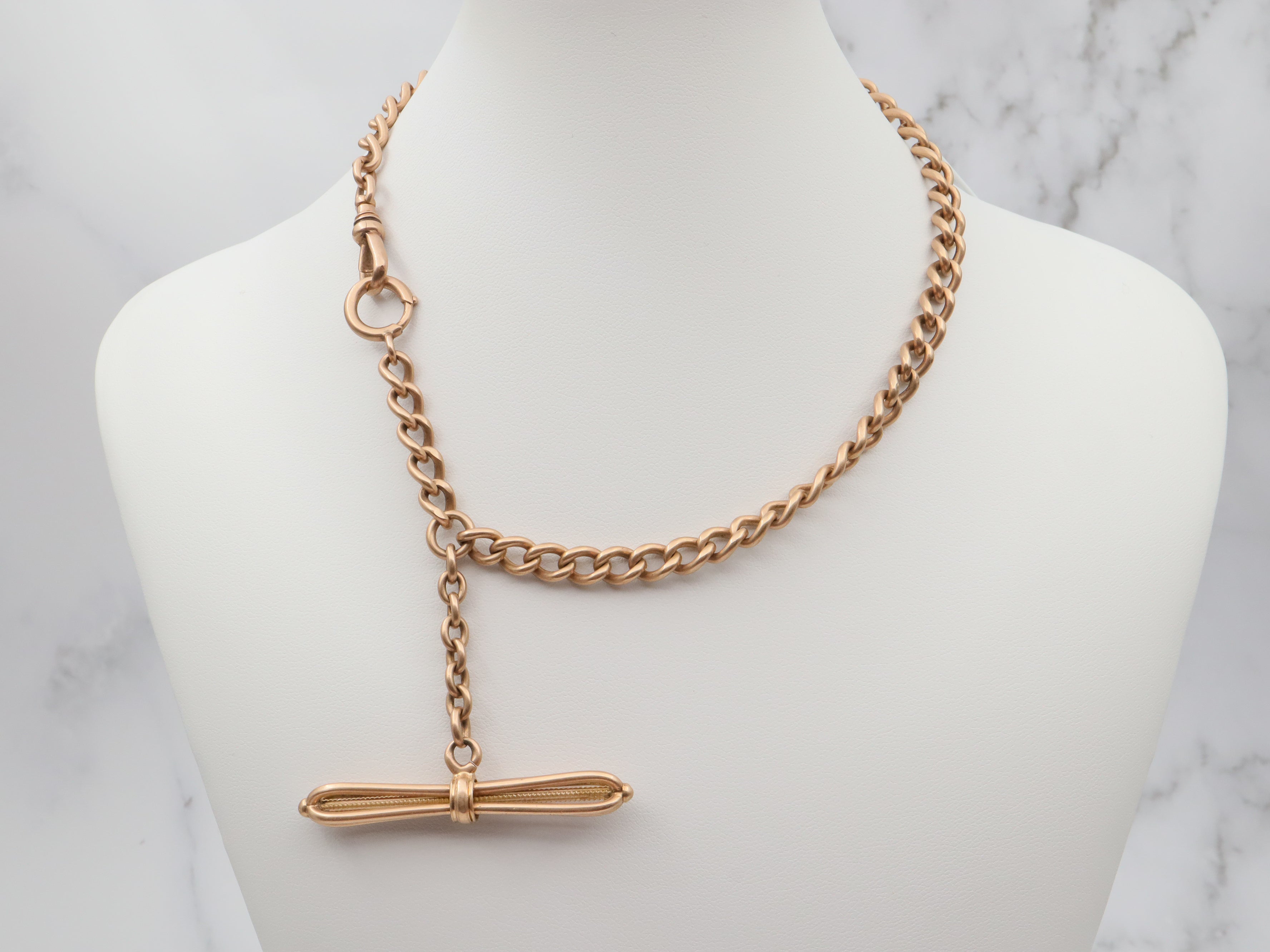 Antique Victorian 14k gold curb link Albert watch chain with fancy T-bar, 13.75"