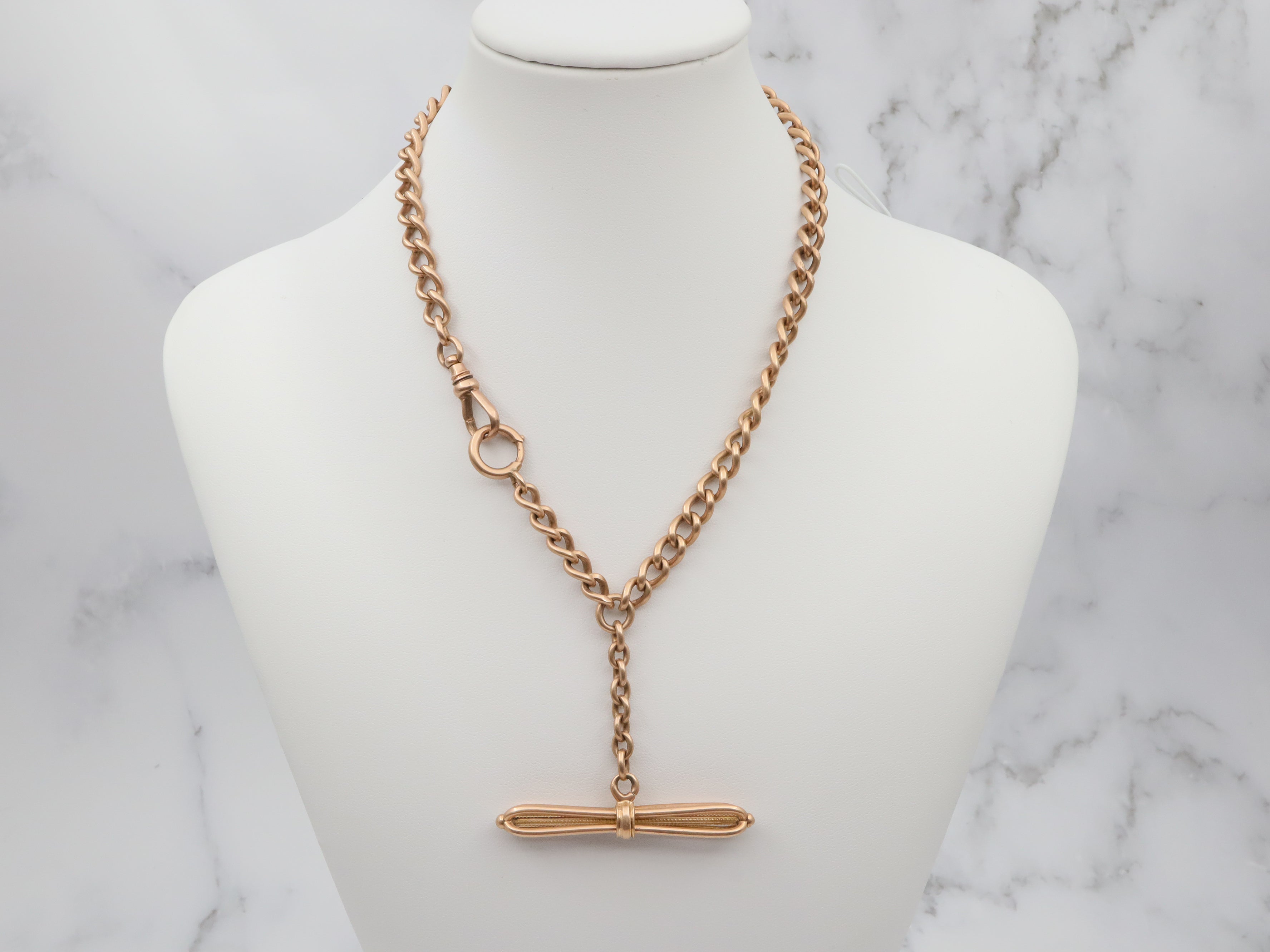 Antique Victorian 14k gold curb link Albert watch chain with fancy T-bar, 13.75"