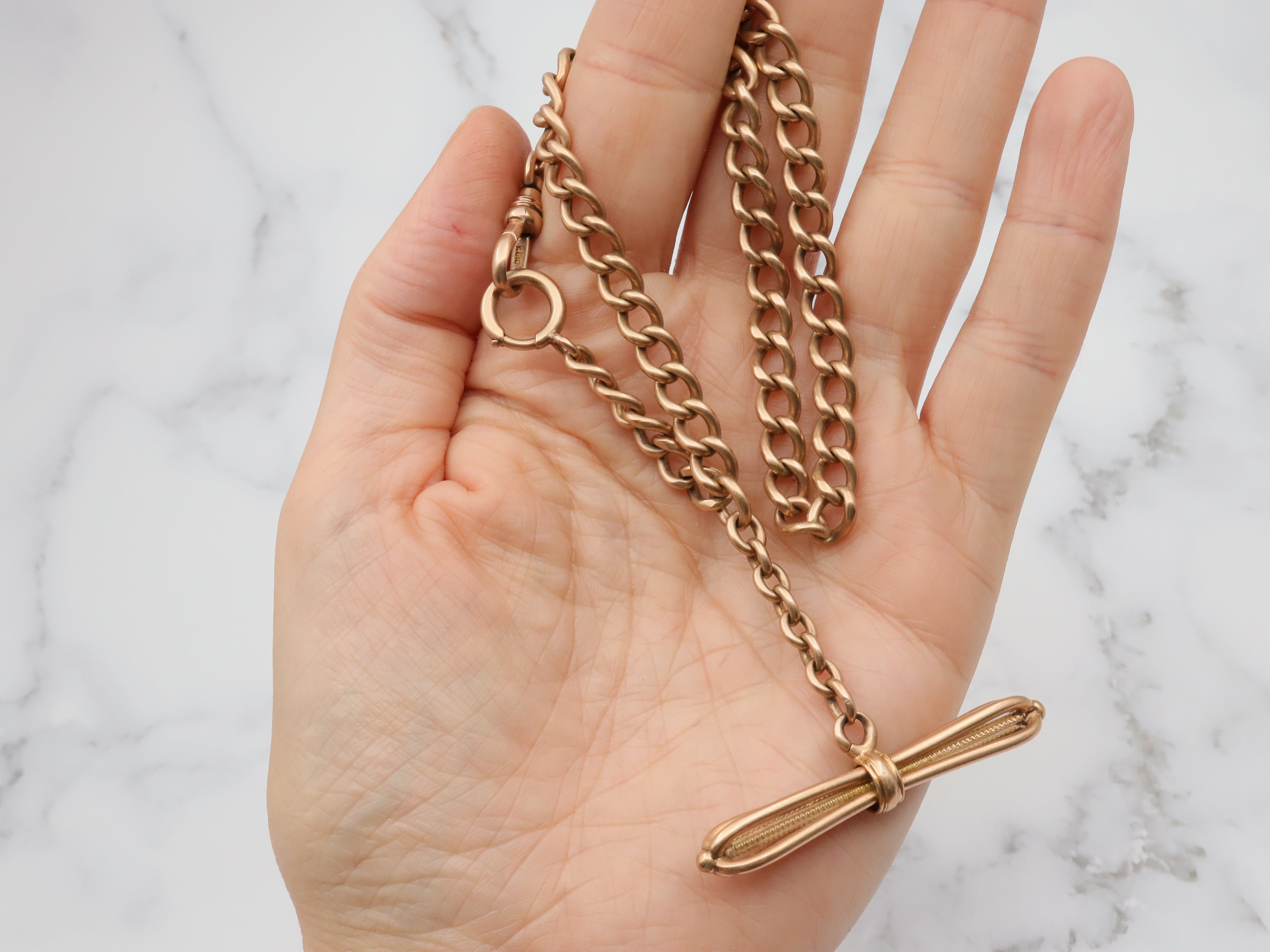 Antique Victorian 14k gold curb link Albert watch chain with fancy T-bar, 13.75"