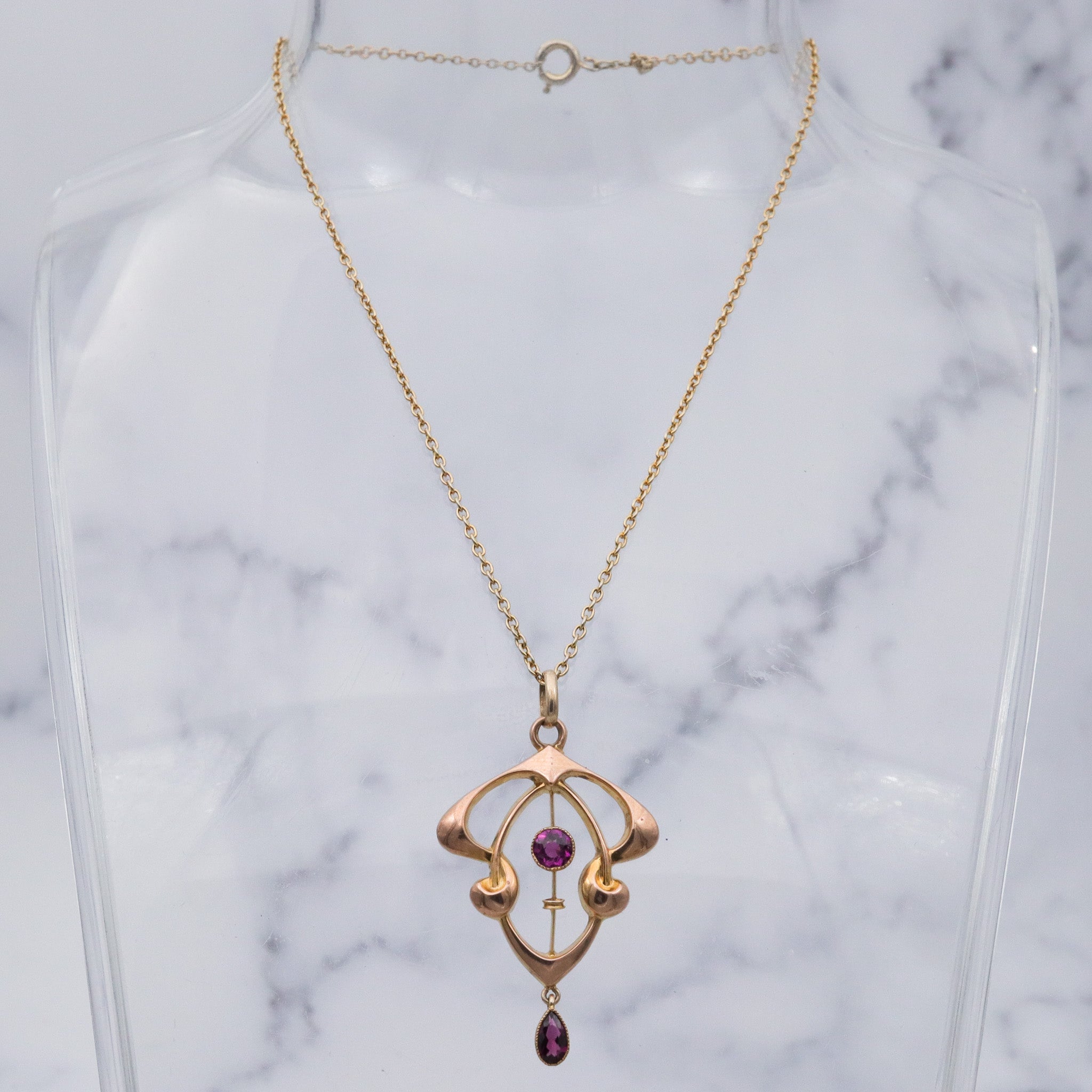 Antique Art Nouveau English 9k gold rhodolite garnet pendant