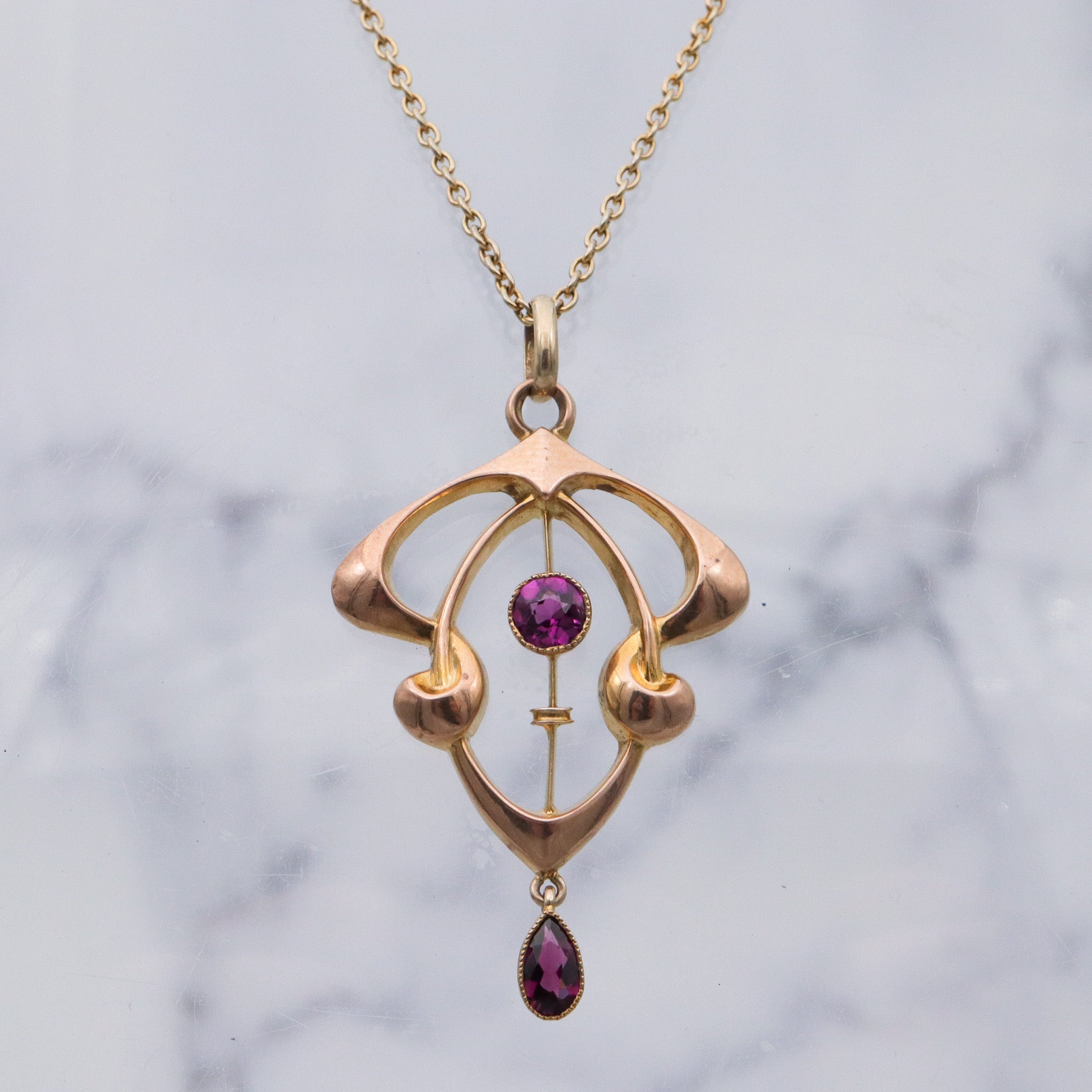 Antique Art Nouveau English 9k gold rhodolite garnet pendant