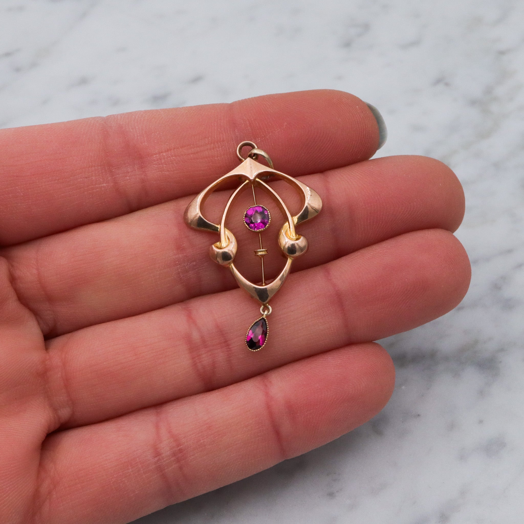 Antique Art Nouveau English 9k gold rhodolite garnet pendant