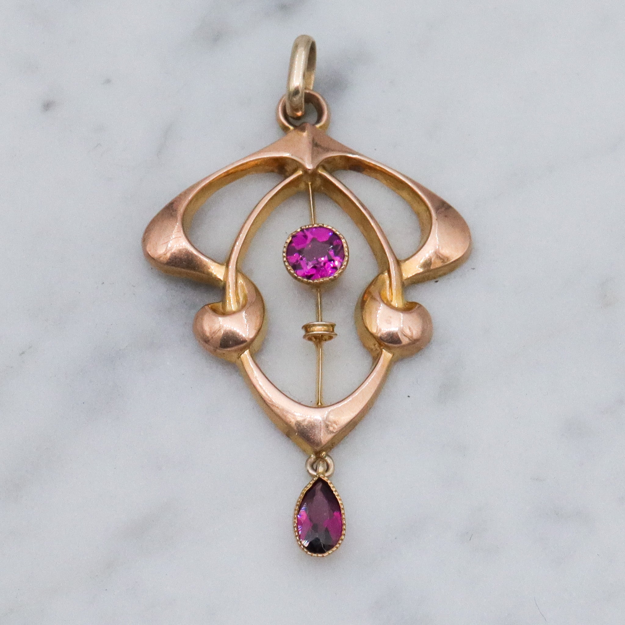 Antique Art Nouveau English 9k gold rhodolite garnet pendant