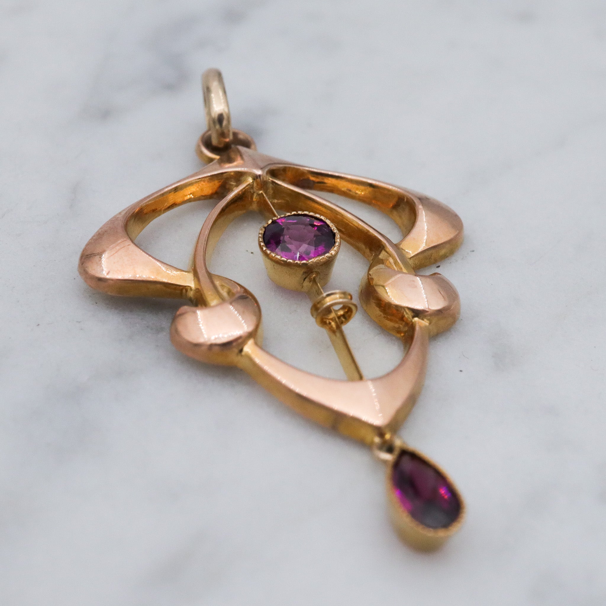 Antique Art Nouveau English 9k gold rhodolite garnet pendant
