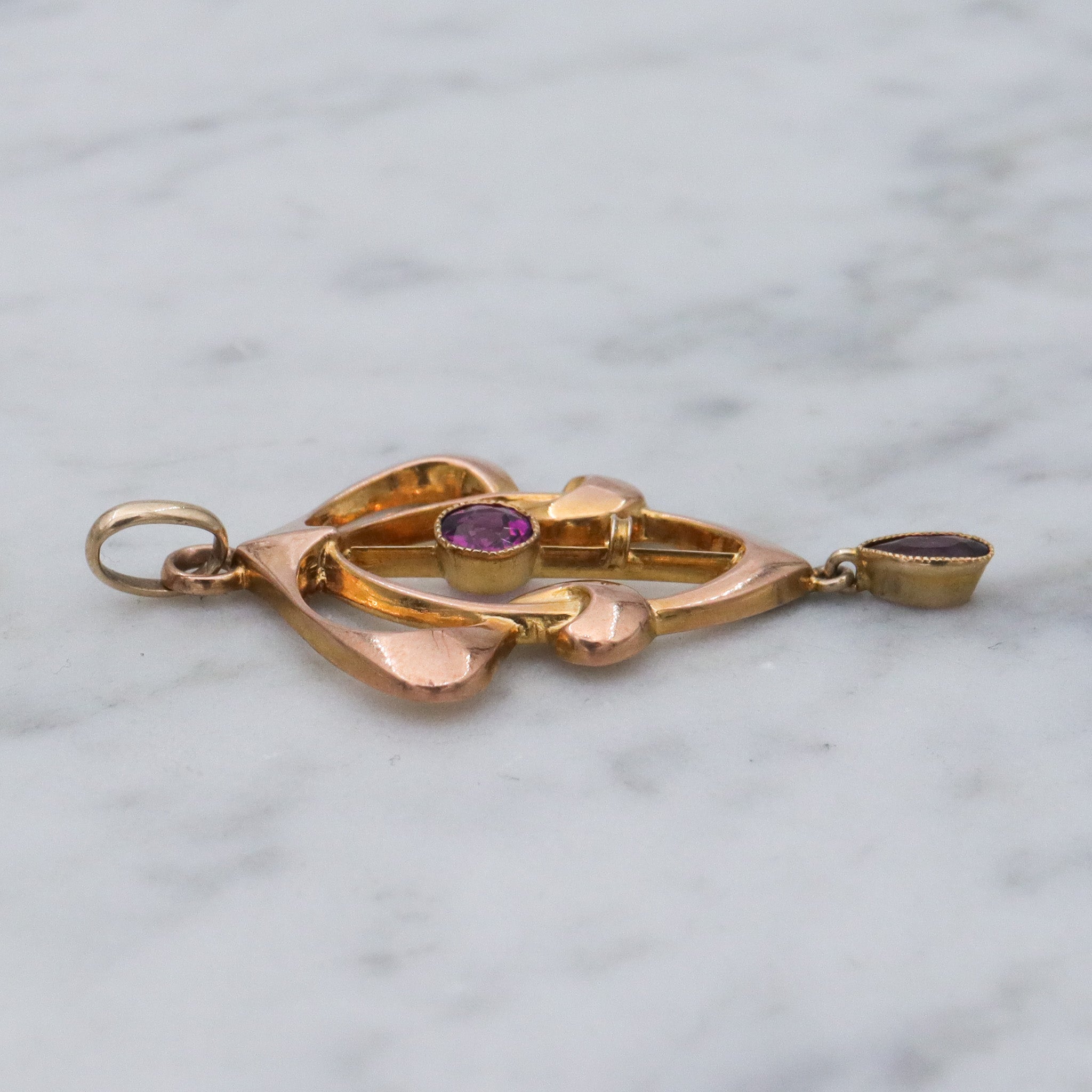 Antique Art Nouveau English 9k gold rhodolite garnet pendant