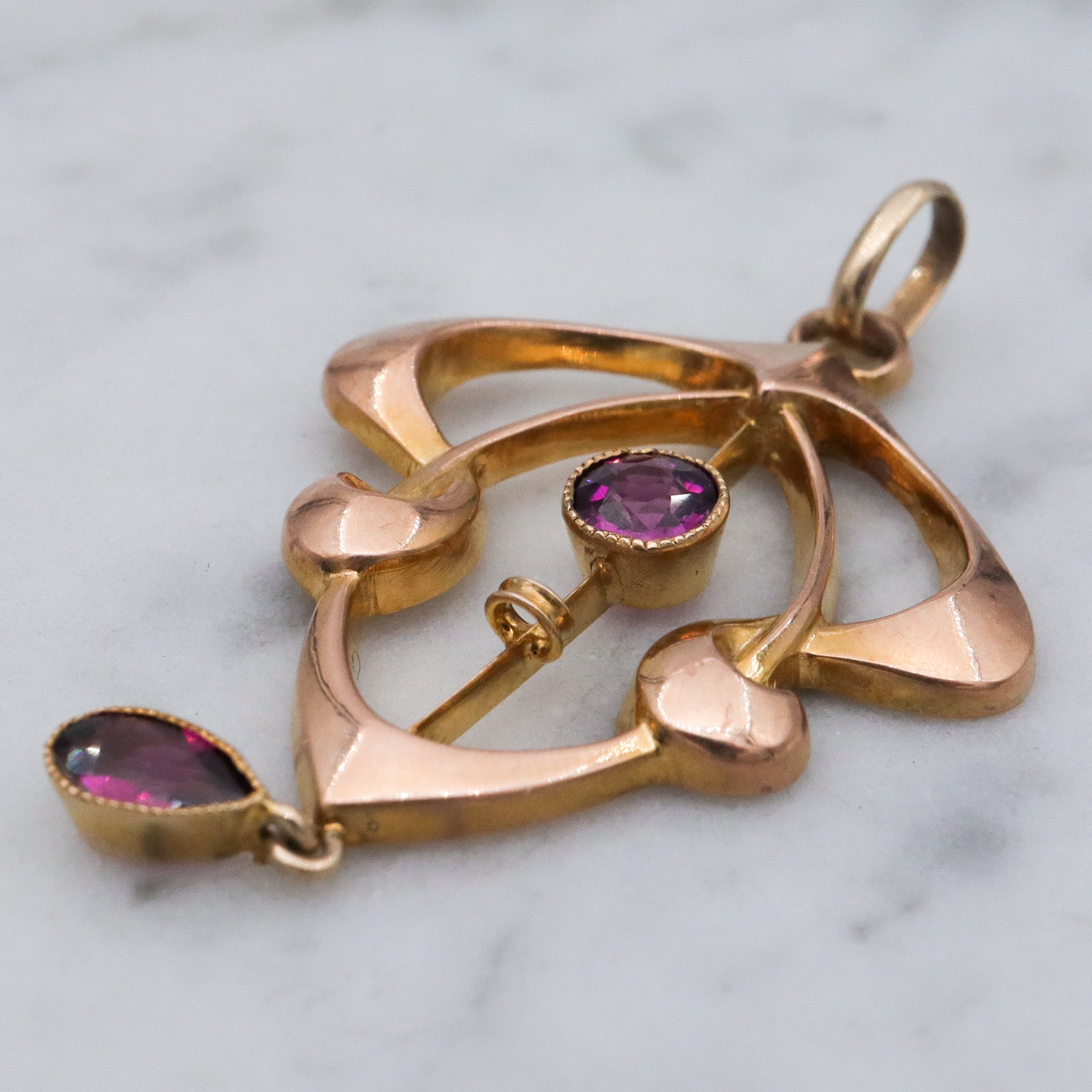 Antique Art Nouveau English 9k gold rhodolite garnet pendant
