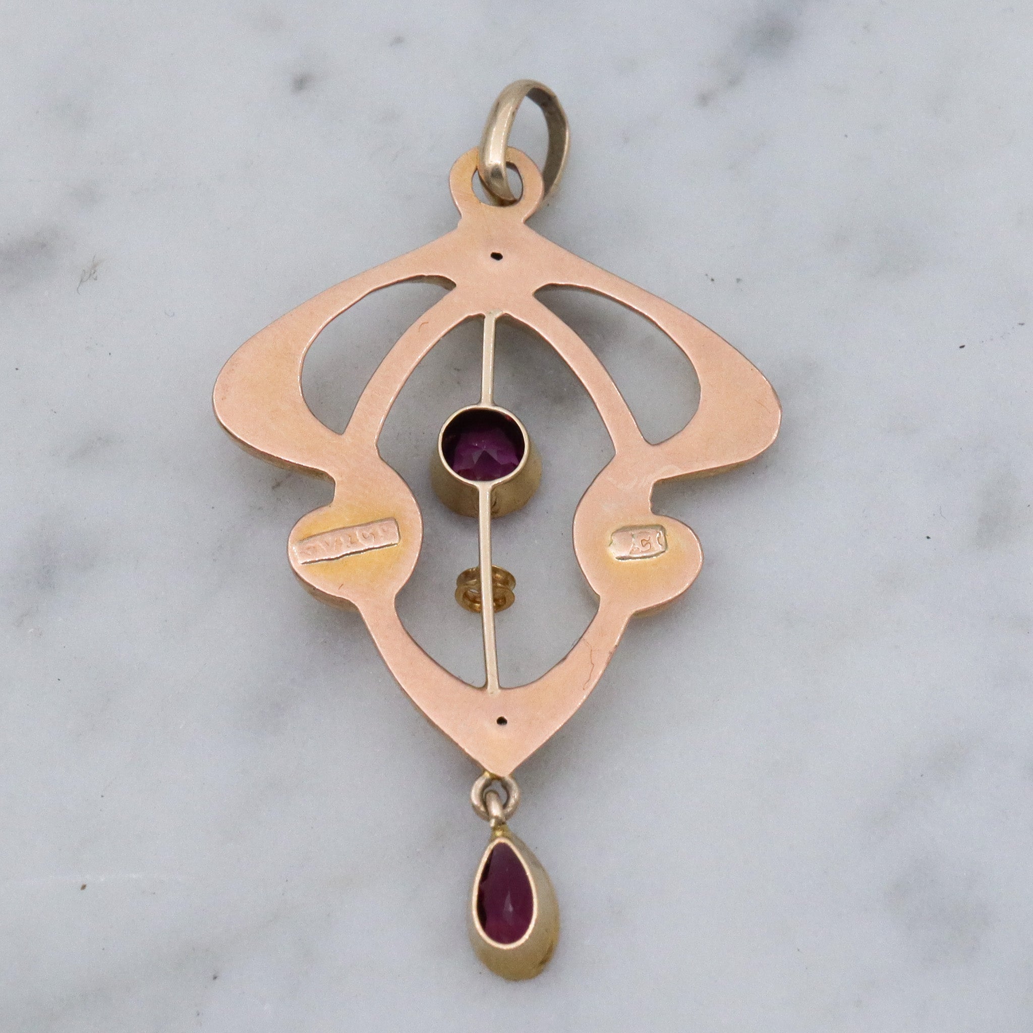 Antique Art Nouveau English 9k gold rhodolite garnet pendant