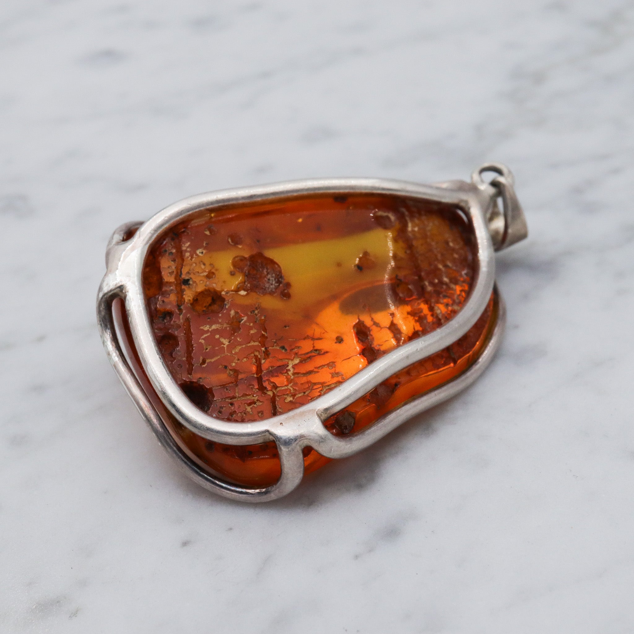 Large vintage sterling silver amber chunk pendant