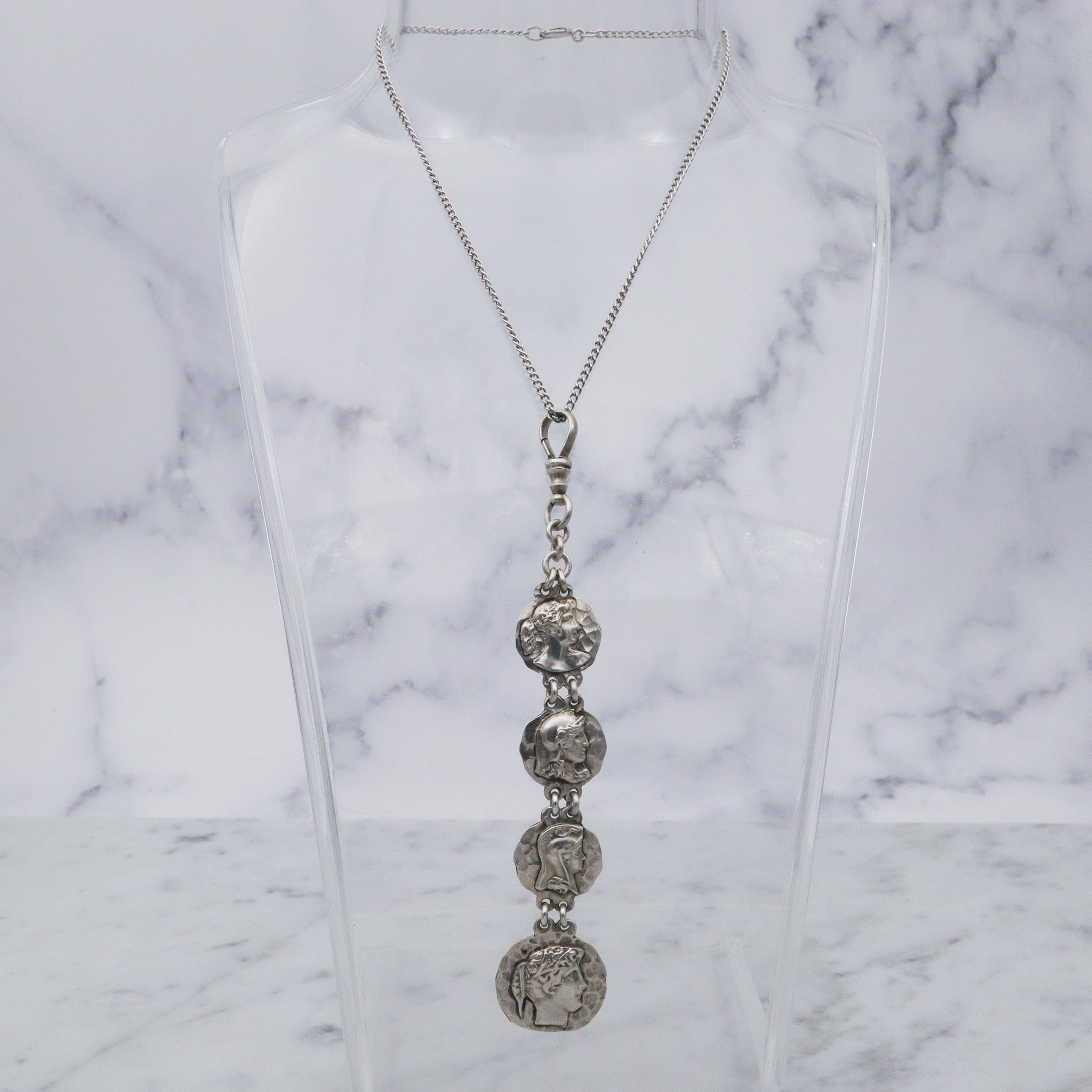 Antique Victorian sterling silver Greek coin style drop fob in the style of George Shiebler