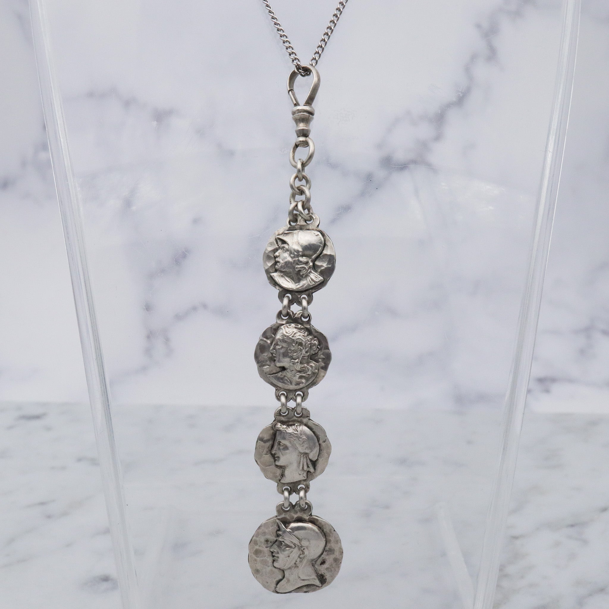 Antique Victorian sterling silver Greek coin style drop fob in the style of George Shiebler