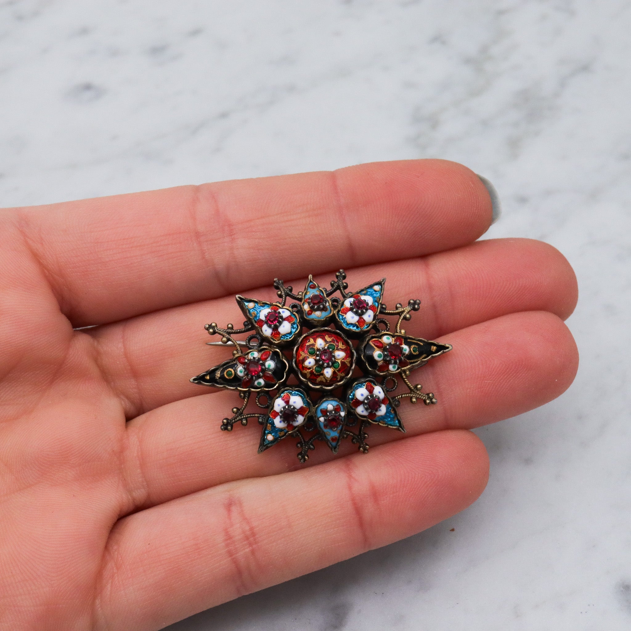 Antique French silver Bressan enamel sunburst brooch