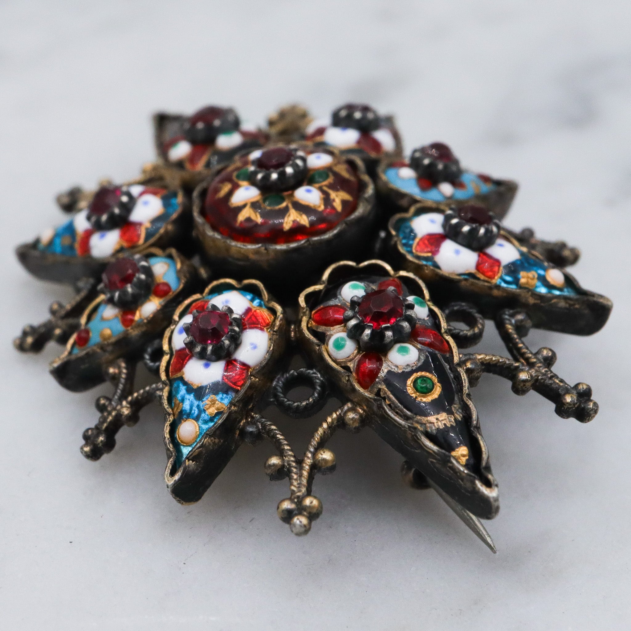 Antique French silver Bressan enamel sunburst brooch