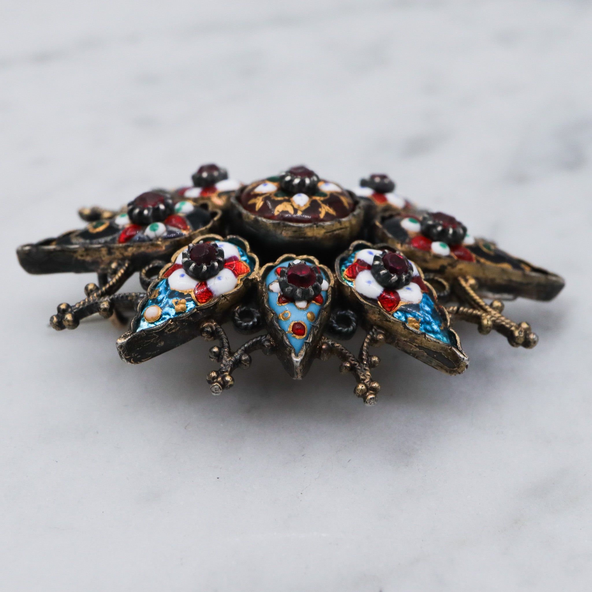 Antique French silver Bressan enamel sunburst brooch