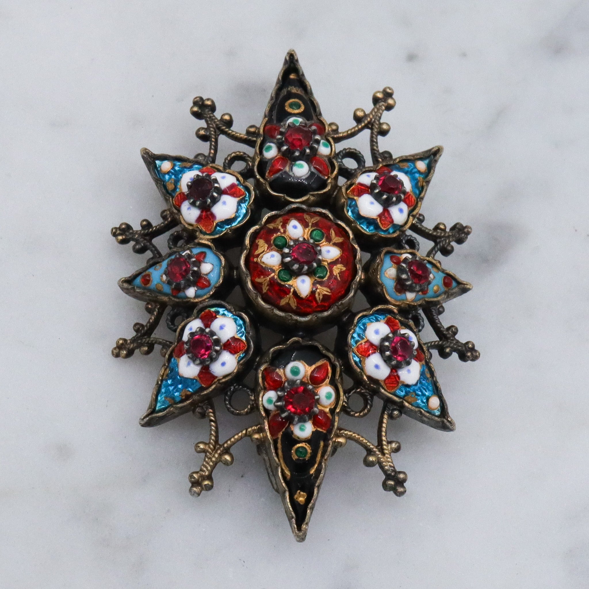 Antique French silver Bressan enamel sunburst brooch
