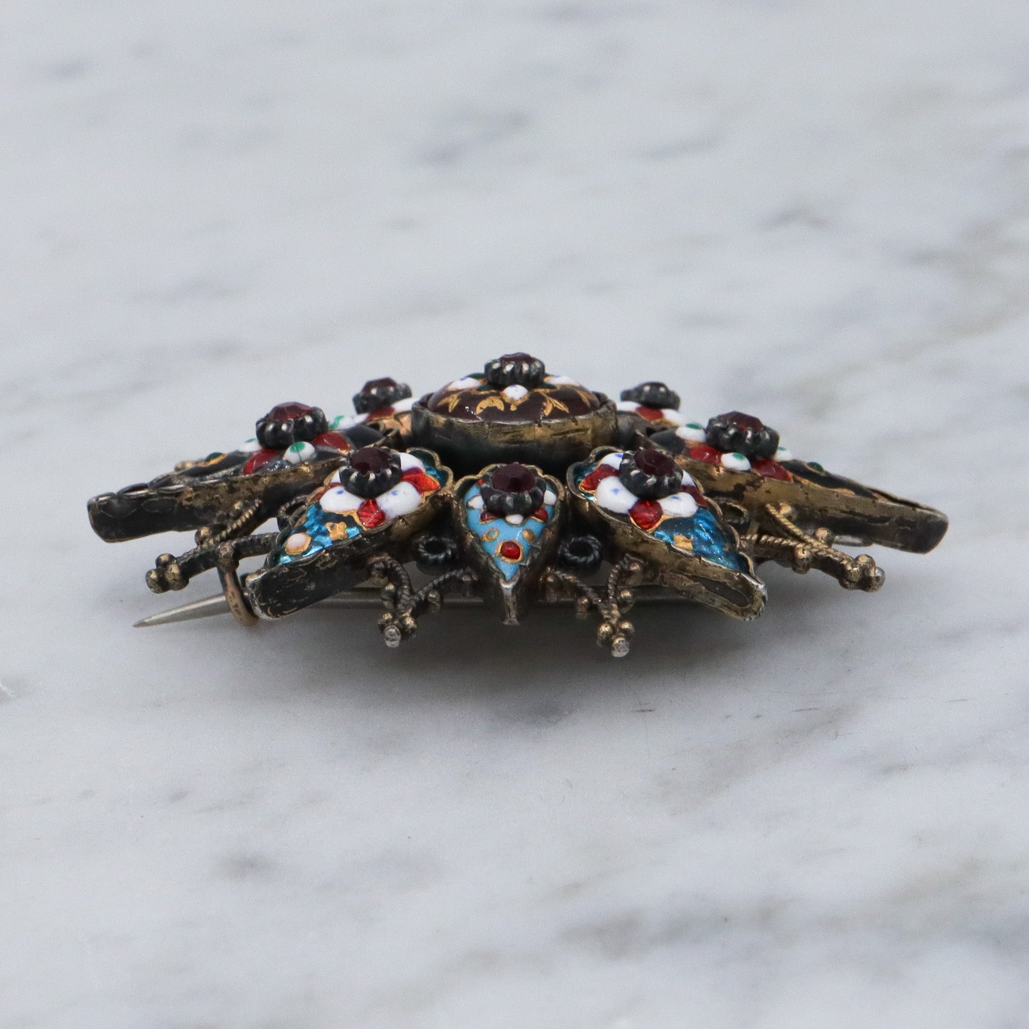 Antique French silver Bressan enamel sunburst brooch