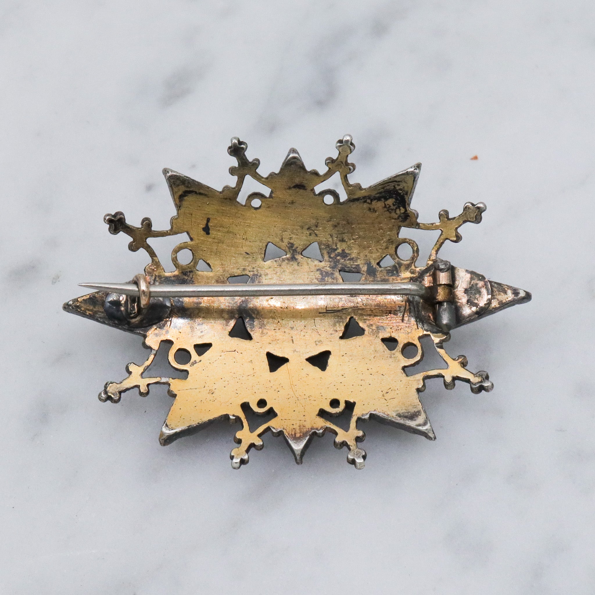 Antique French silver Bressan enamel sunburst brooch