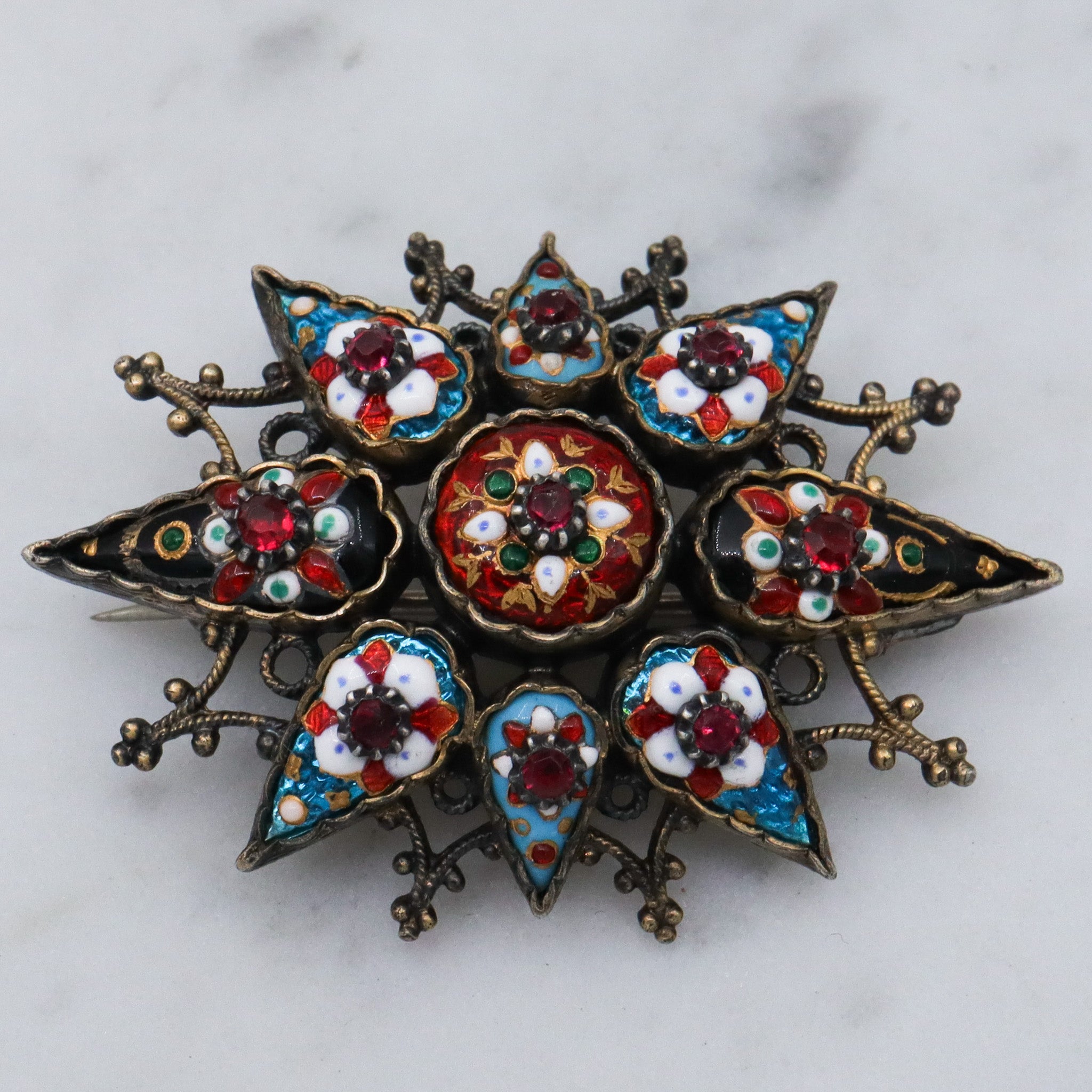 Antique French silver Bressan enamel sunburst brooch