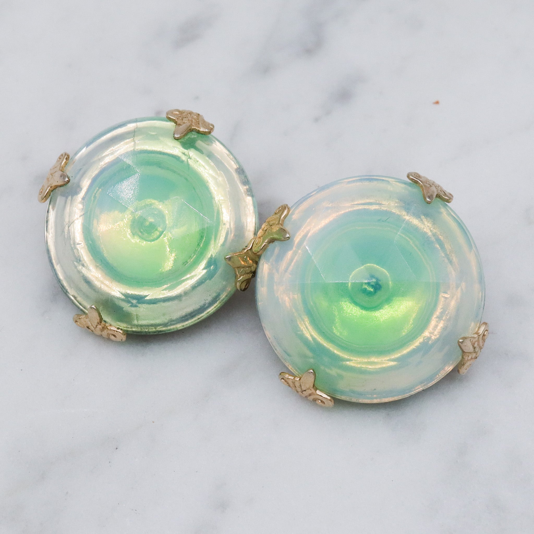 Mid Century Vogue green iridescent glass bubble earrings