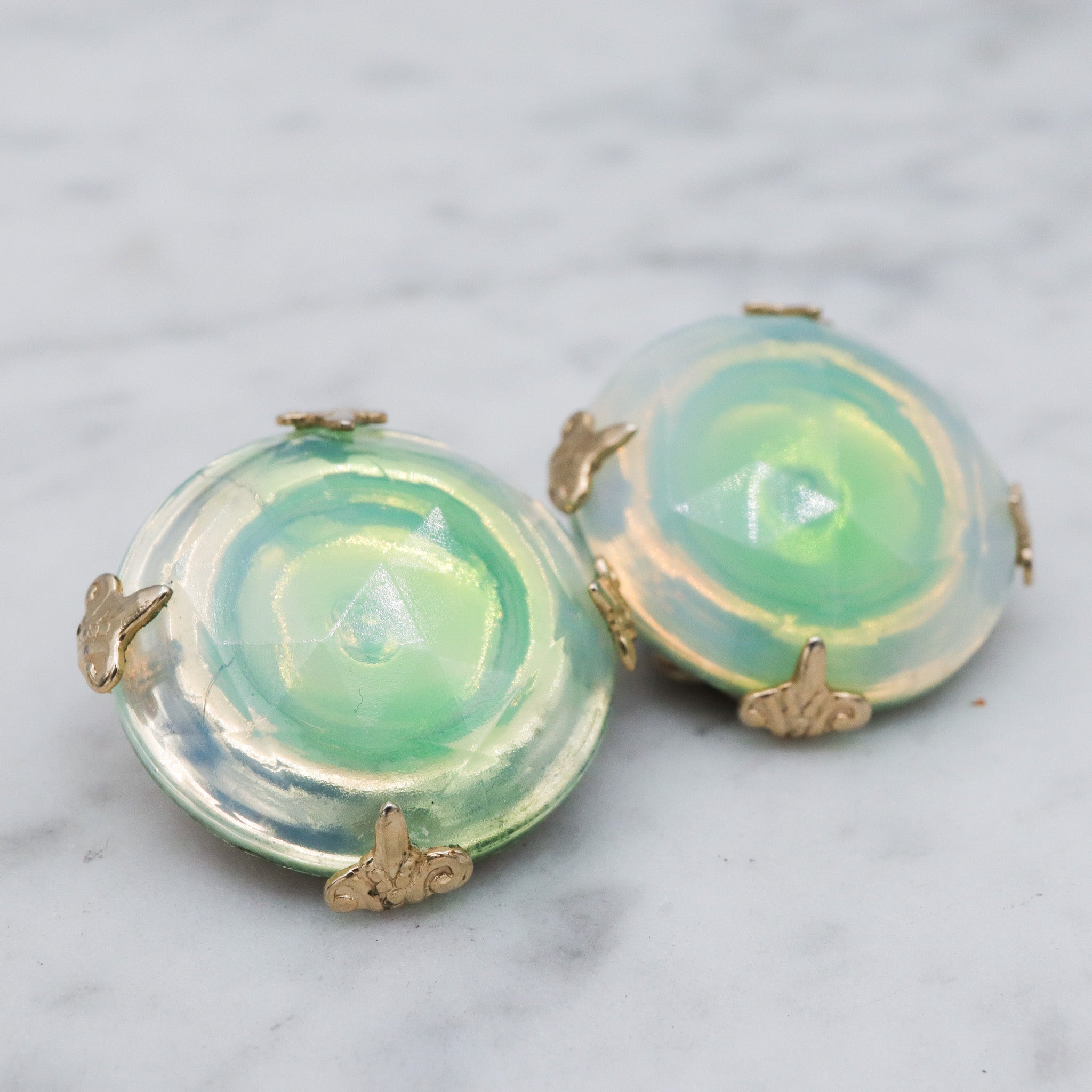 Mid Century Vogue green iridescent glass bubble earrings