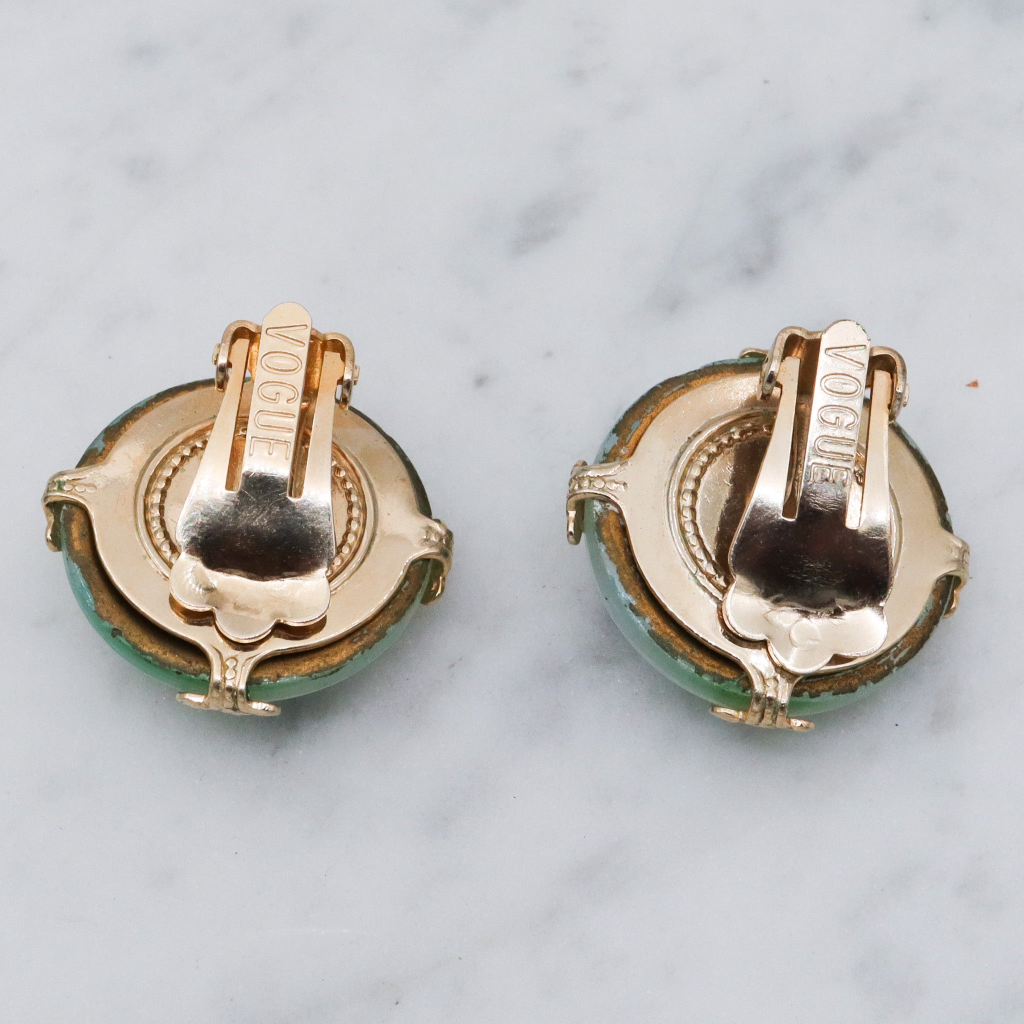 Mid Century Vogue green iridescent glass bubble earrings