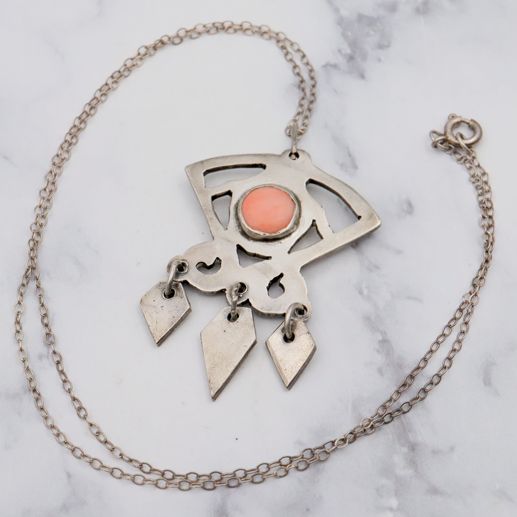 Antique Art Deco handmade sterling & pink coral pendant on a curb link necklace chain, 19”