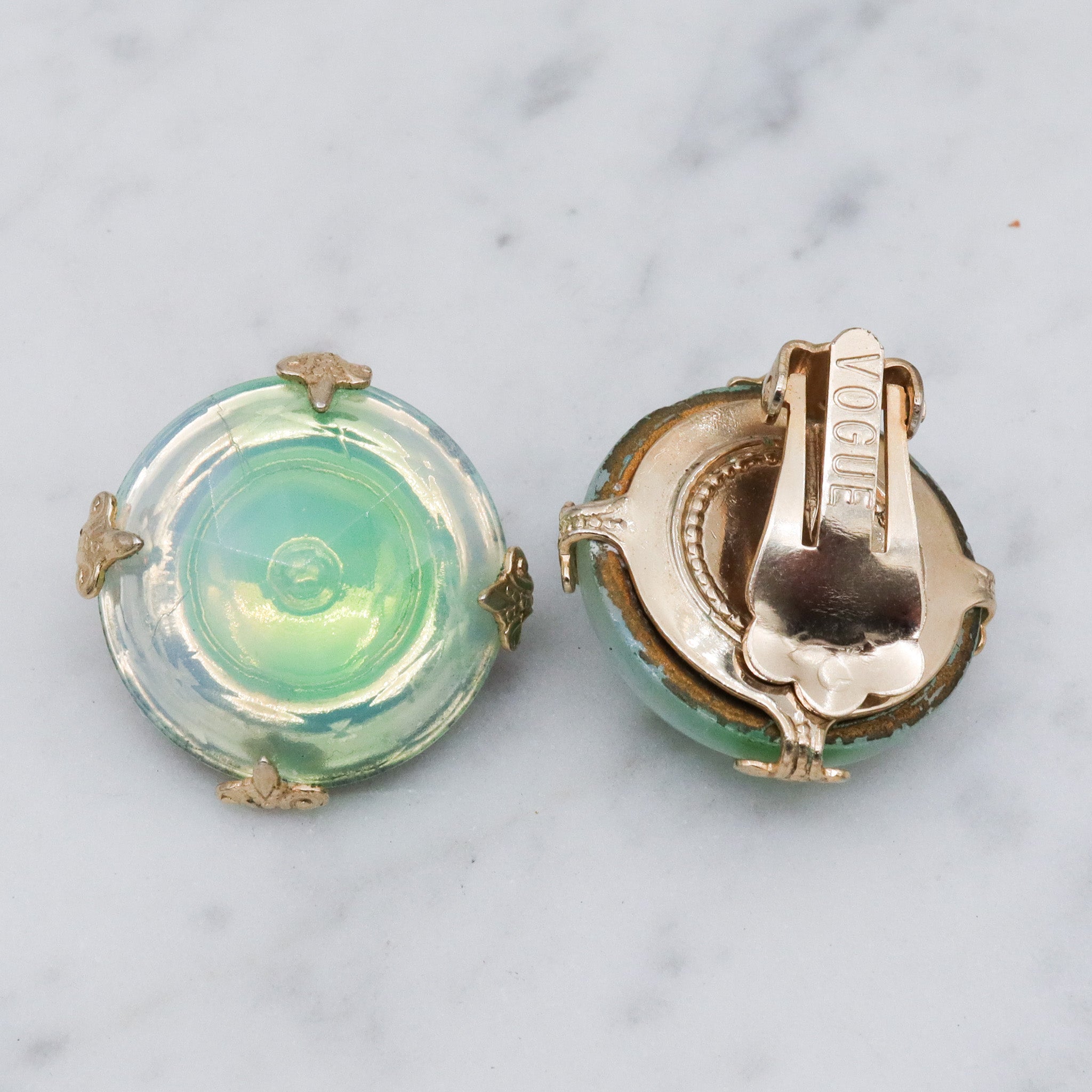 Mid Century Vogue green iridescent glass bubble earrings