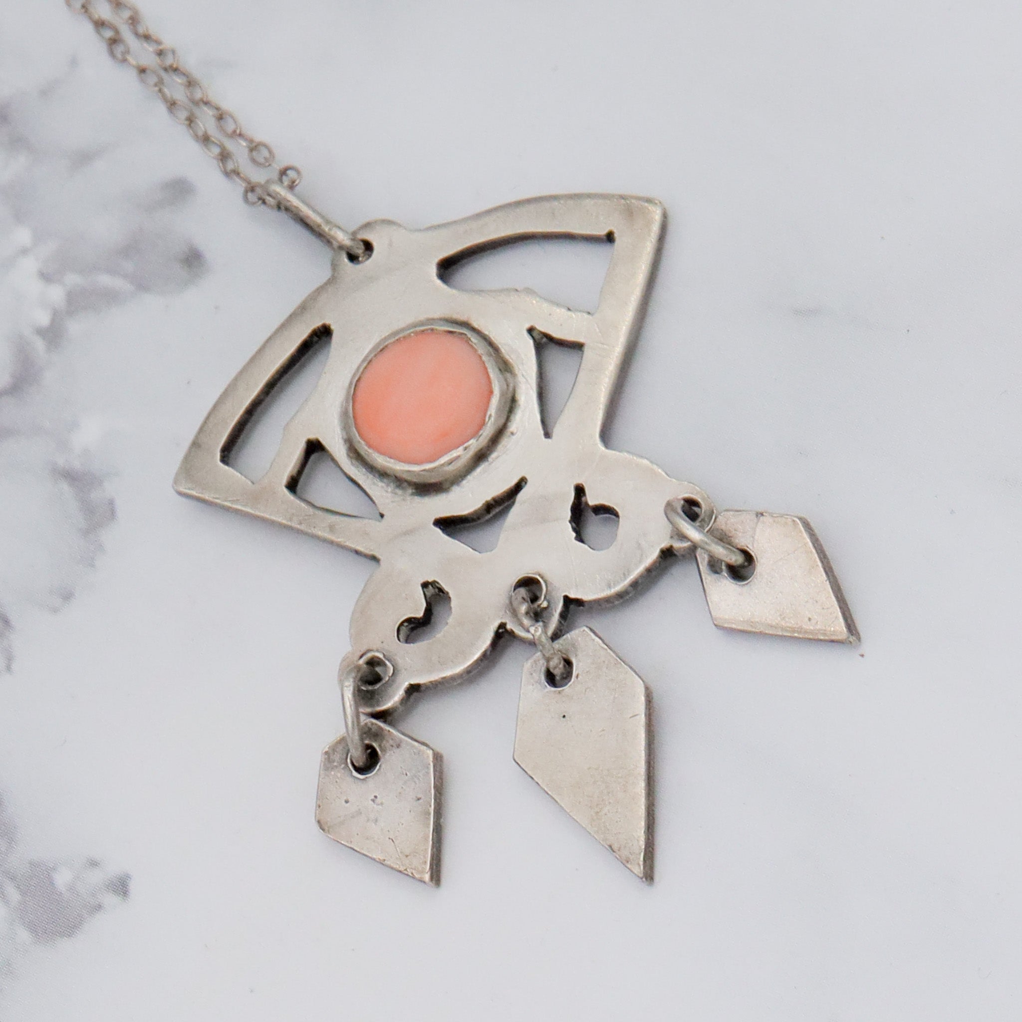 Antique Art Deco handmade sterling & pink coral pendant on a curb link necklace chain, 19”