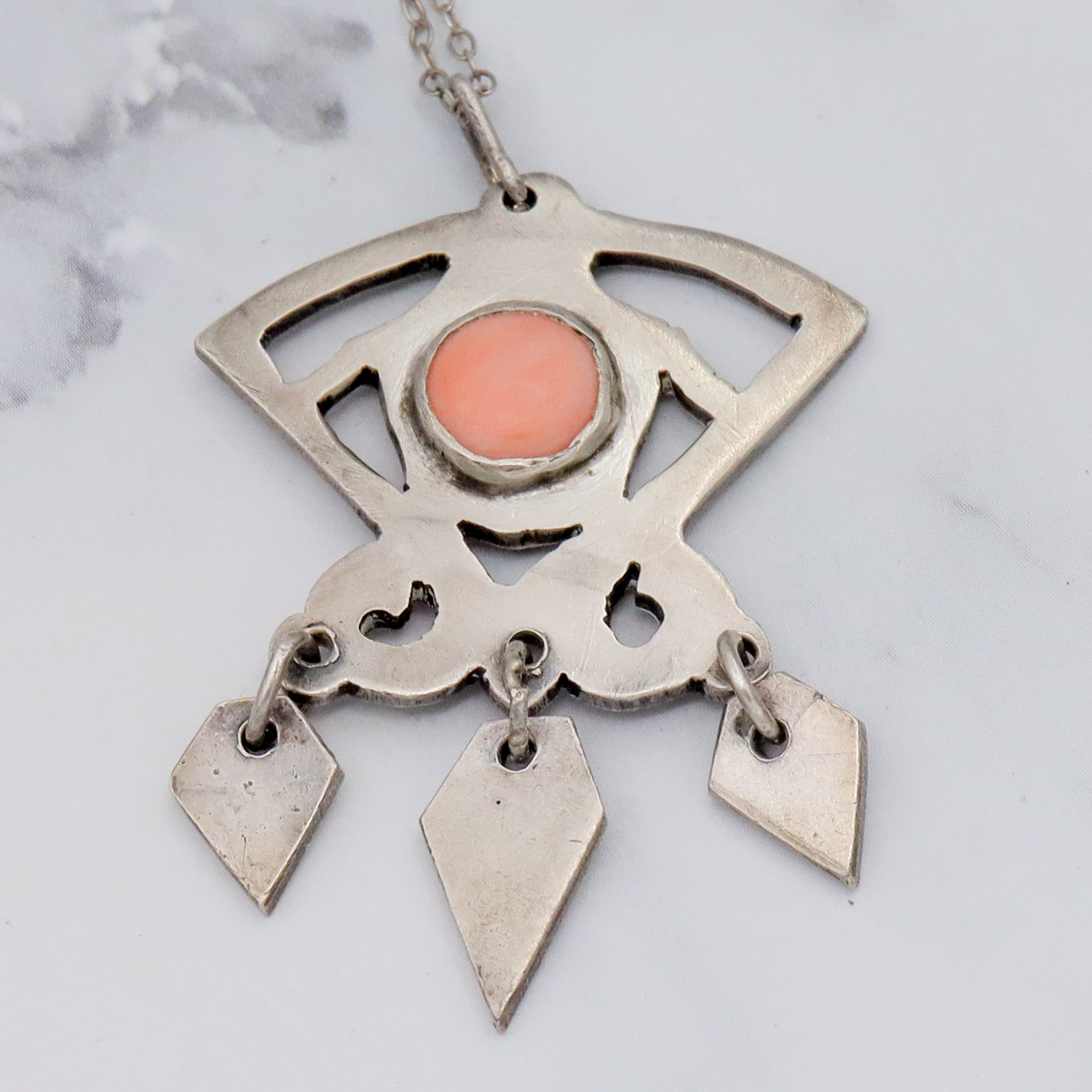 Antique Art Deco handmade sterling & pink coral pendant on a curb link necklace chain, 19”
